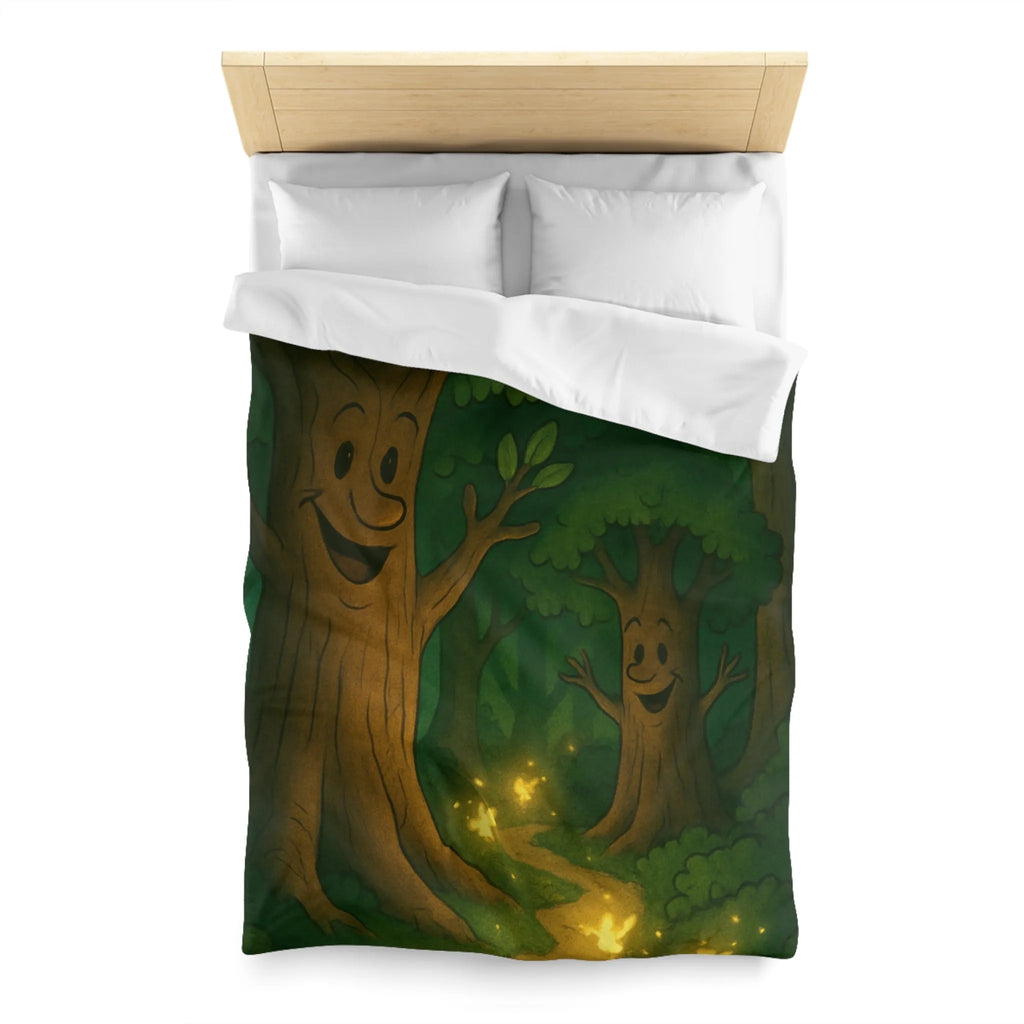 Enchanting Cartoon Forest Scene with Smiling Trees and Glowing Fireflies at Night
