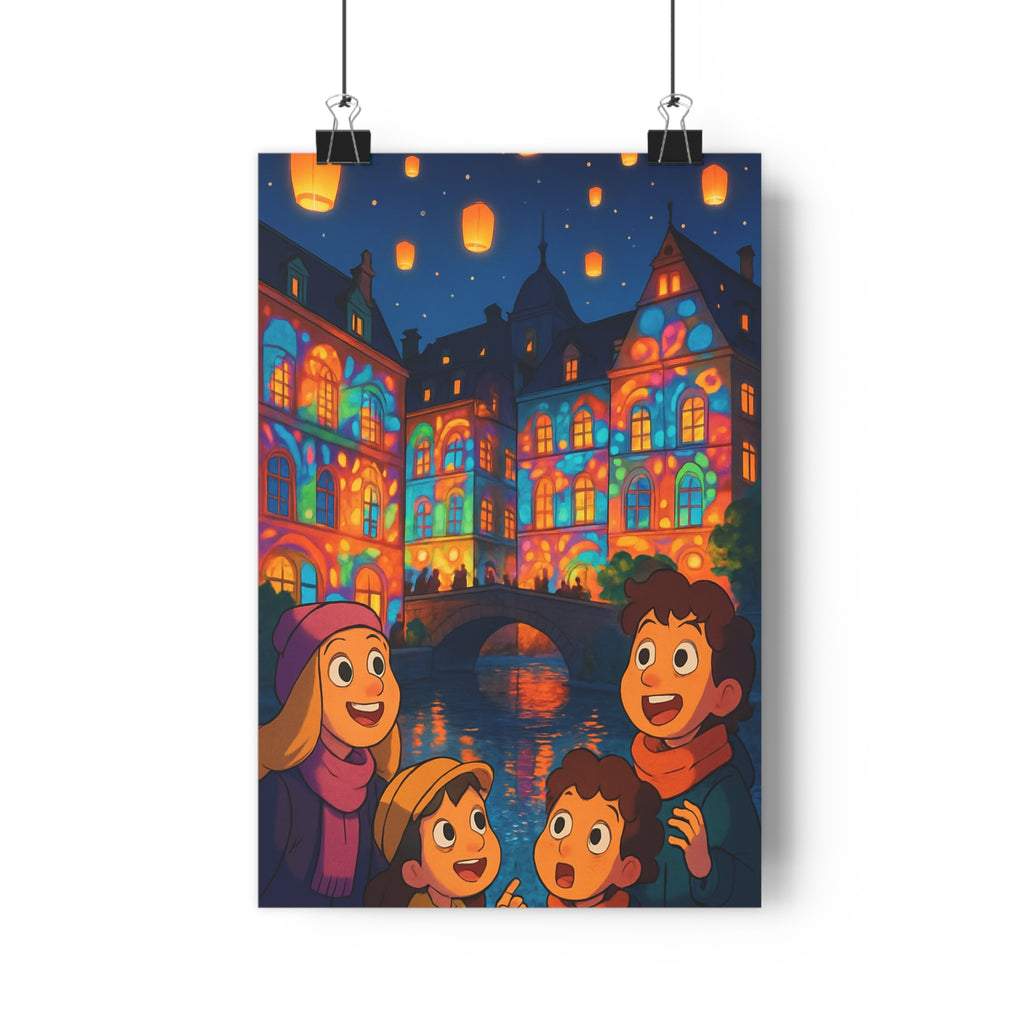 Poster décoratif féerique lumineux magique coloré joyeux salon chambre nocturne ville hiver personnages ambiance