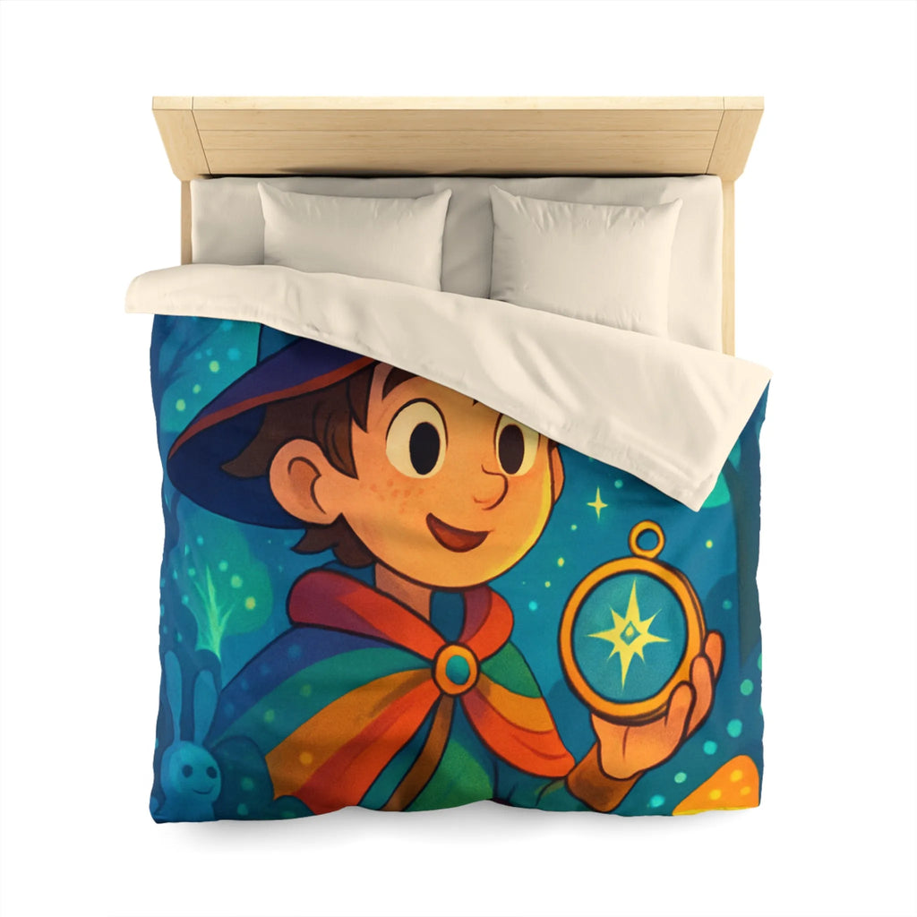 Housse de Couette Enfant Fantasy avec Sorcier et Dragon dans Forêt Enchantée Étoilée