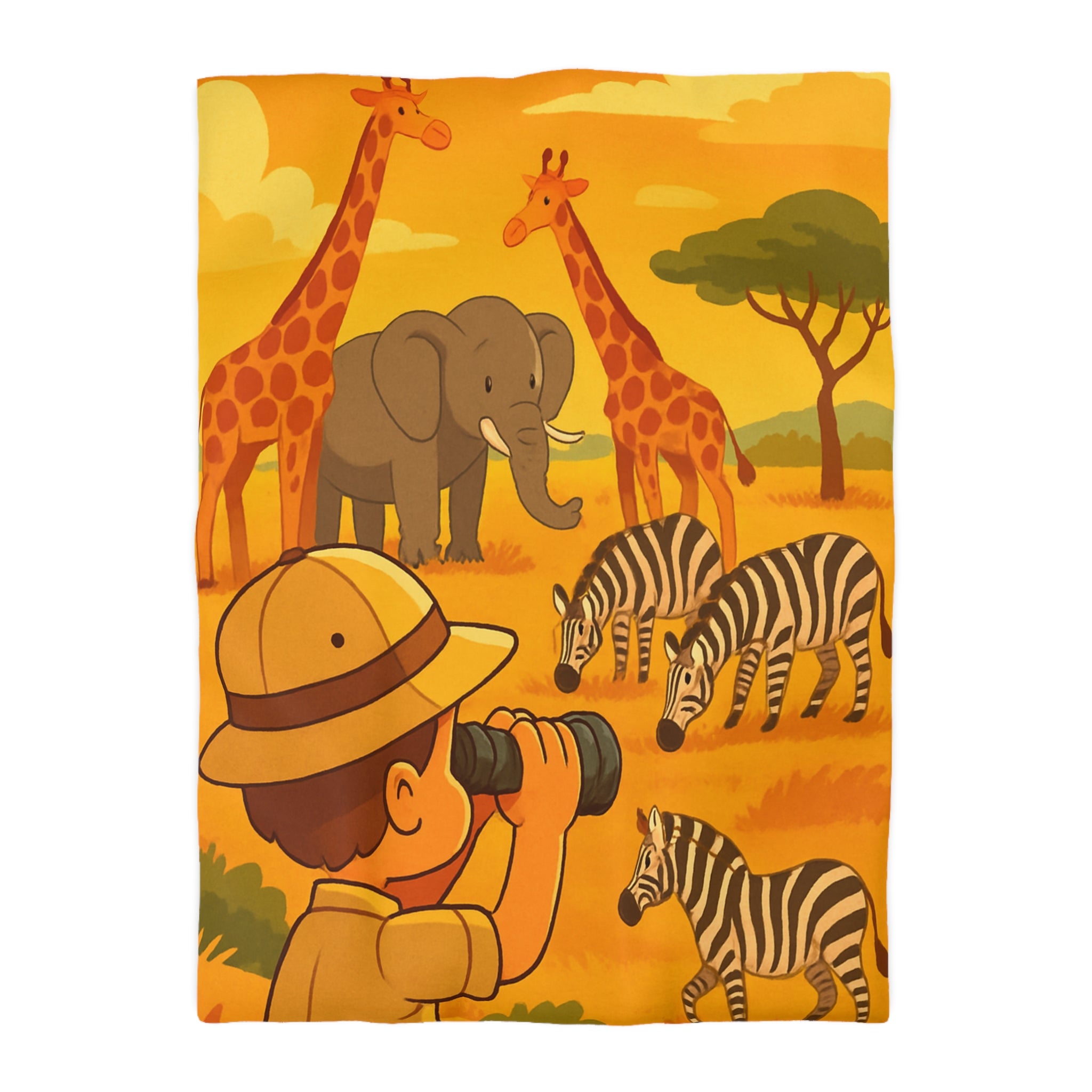 Housse de couette safari enfant avec éléphant, girafes et zèbres dans savane ensoleillée