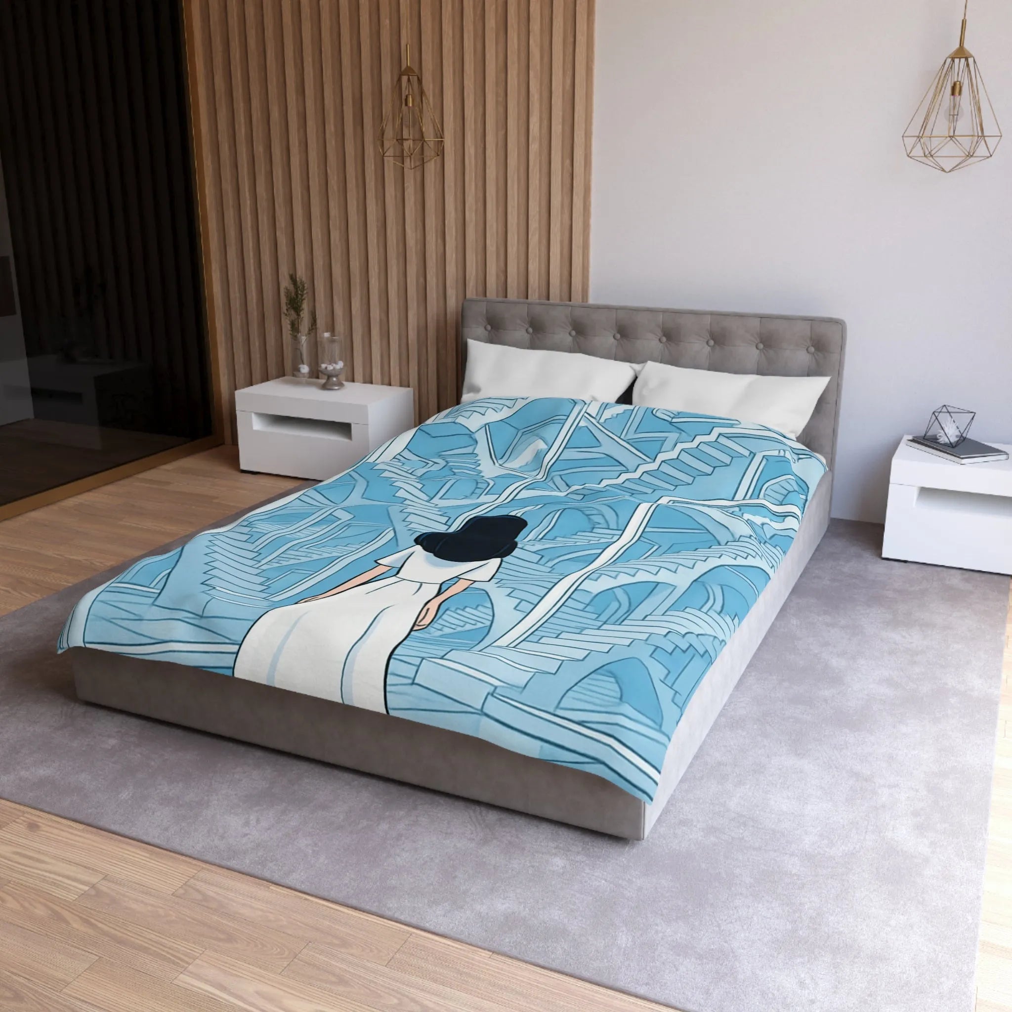 Housse de couette escalier infini en bleu avec femme en robe blanche contemporaine