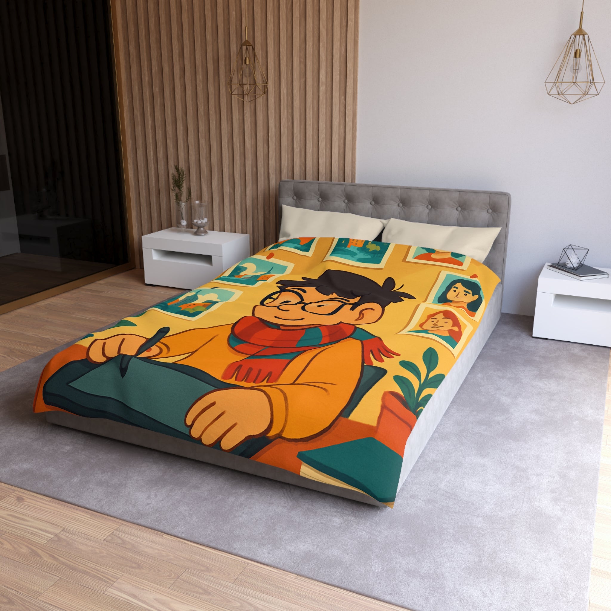 Housse de couette moderne avec illustrations colorées d'artiste travaillant dans un studio créatif