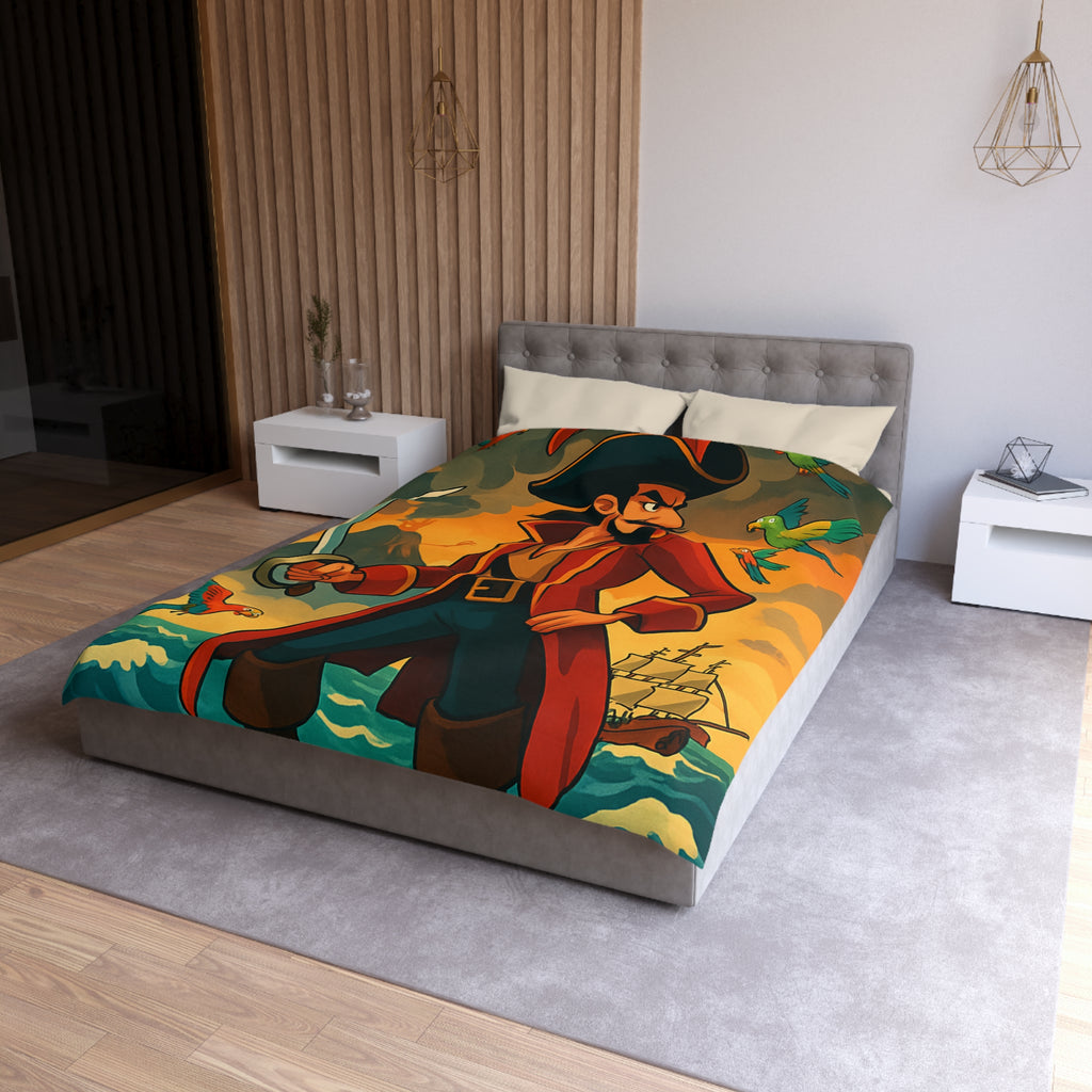 Housse de couette pirate vibrante avec perroquets colorés, volcan actif et bateau en mer