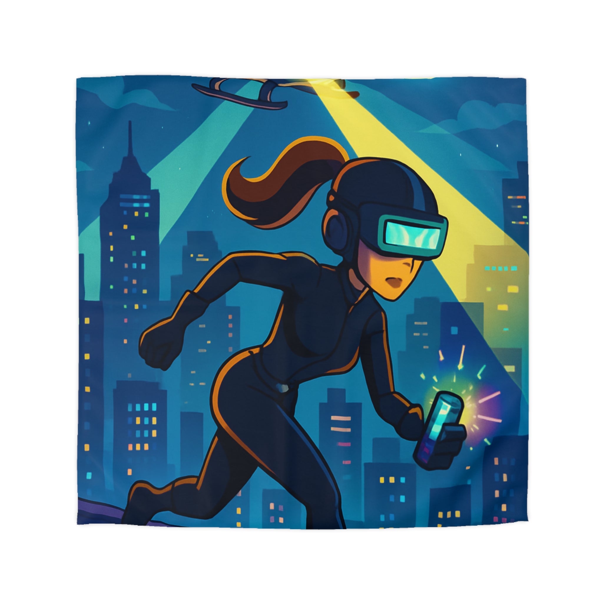 Housse de couette moderne avec motif de ville et personnage futuriste en action