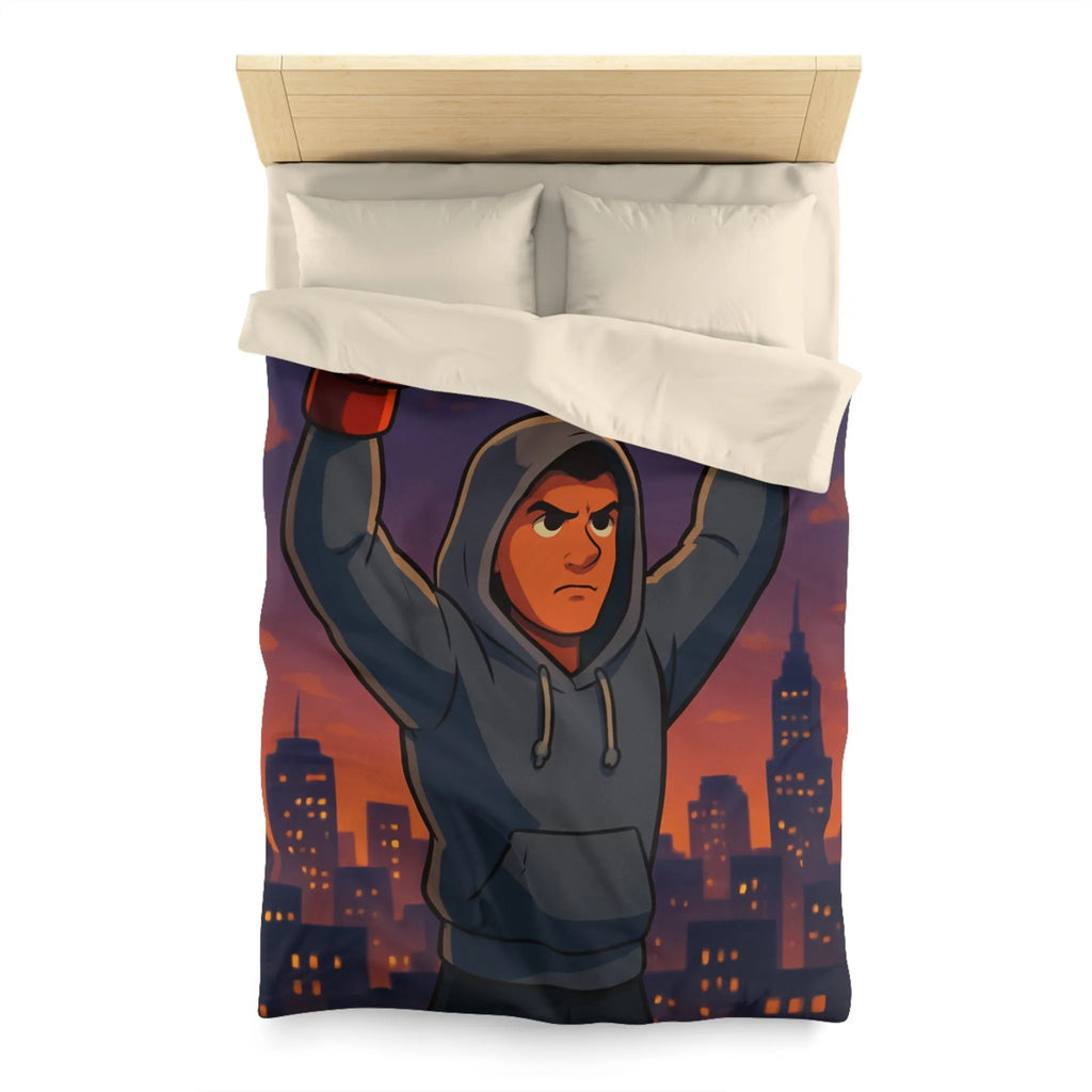 Housse de couette avec boxeur déterminé sous ciel de crépuscule en ville