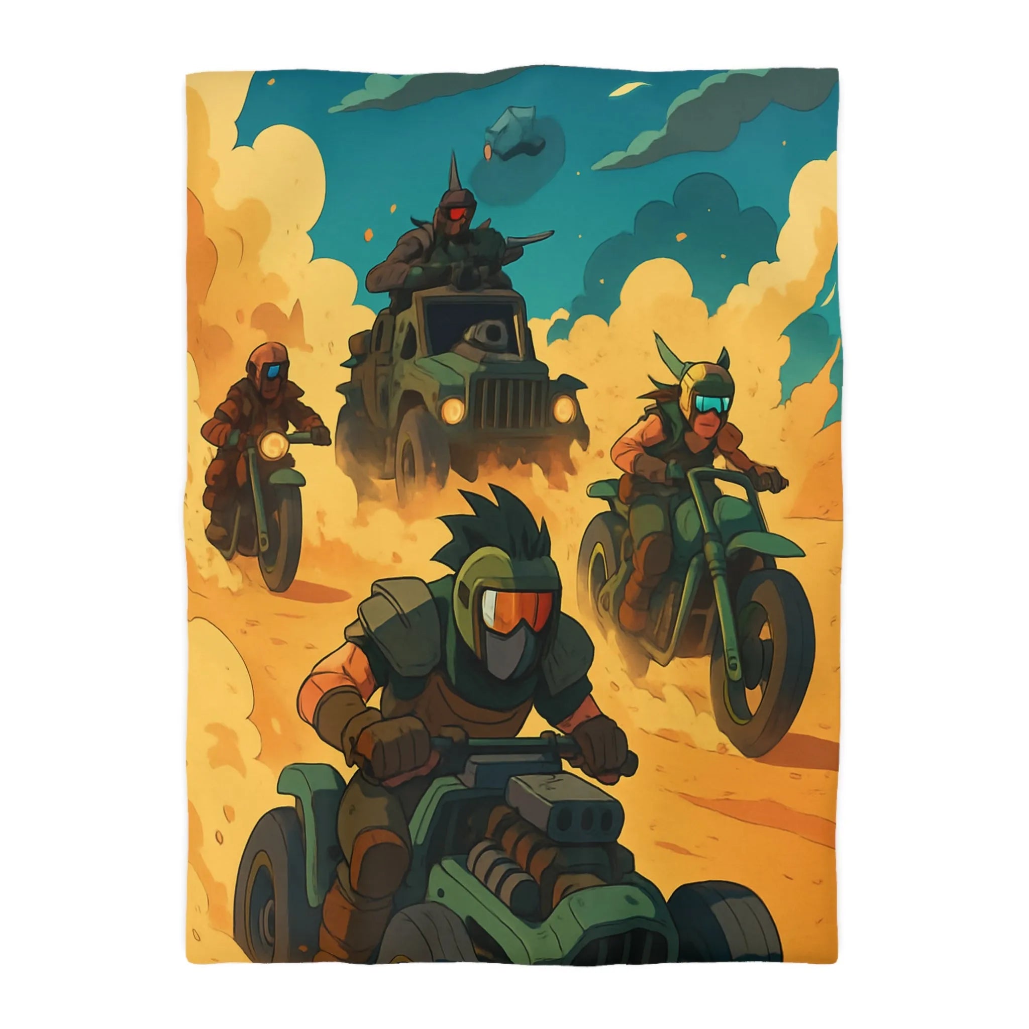 Housse de couette aventure désertique avec véhicules post-apocalyptiques et ambiance futuriste dynamique