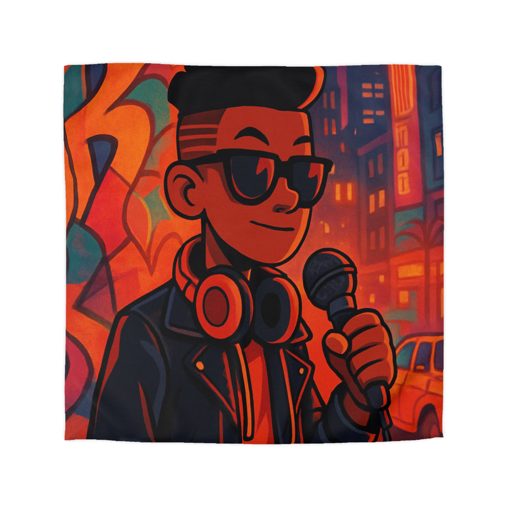 Housse de couette urbaine rétro avec chanteur hip-hop et graphismes vibrants de ville