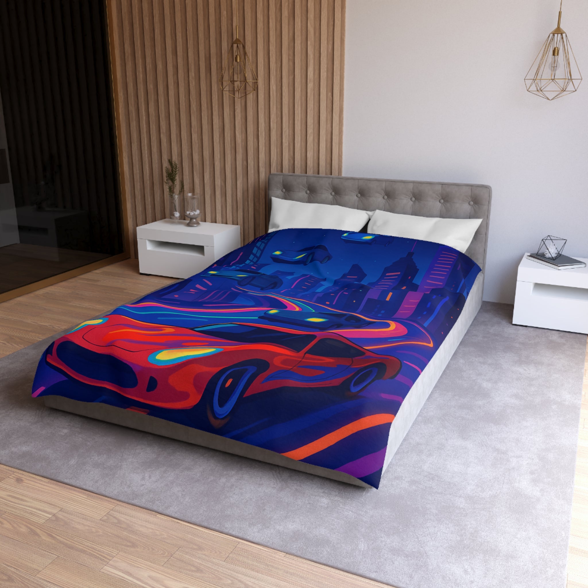 Housse de Couette Ville Futuriste avec Voiture Rouge et Lumières Néon