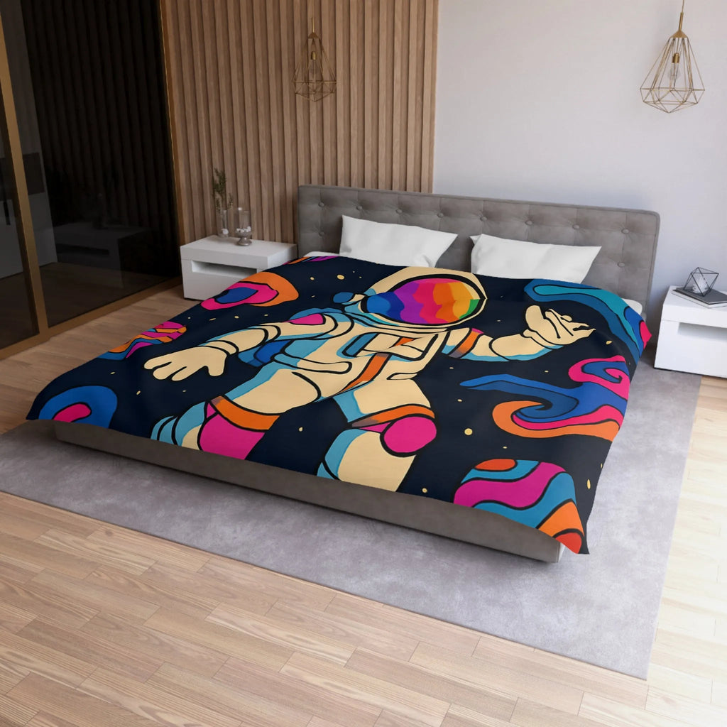 Housse de Couette Astronaute Psychédélique dans l’Espace avec Planètes Colorées et Fusées