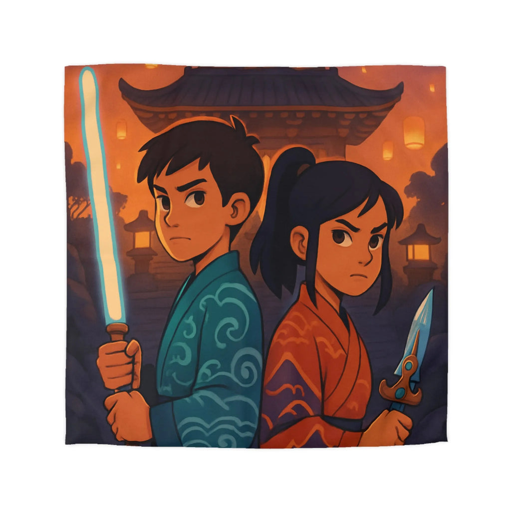 Housse de couette avec enfants guerriers, lanterne céleste, temple ancien, ambiance mystique