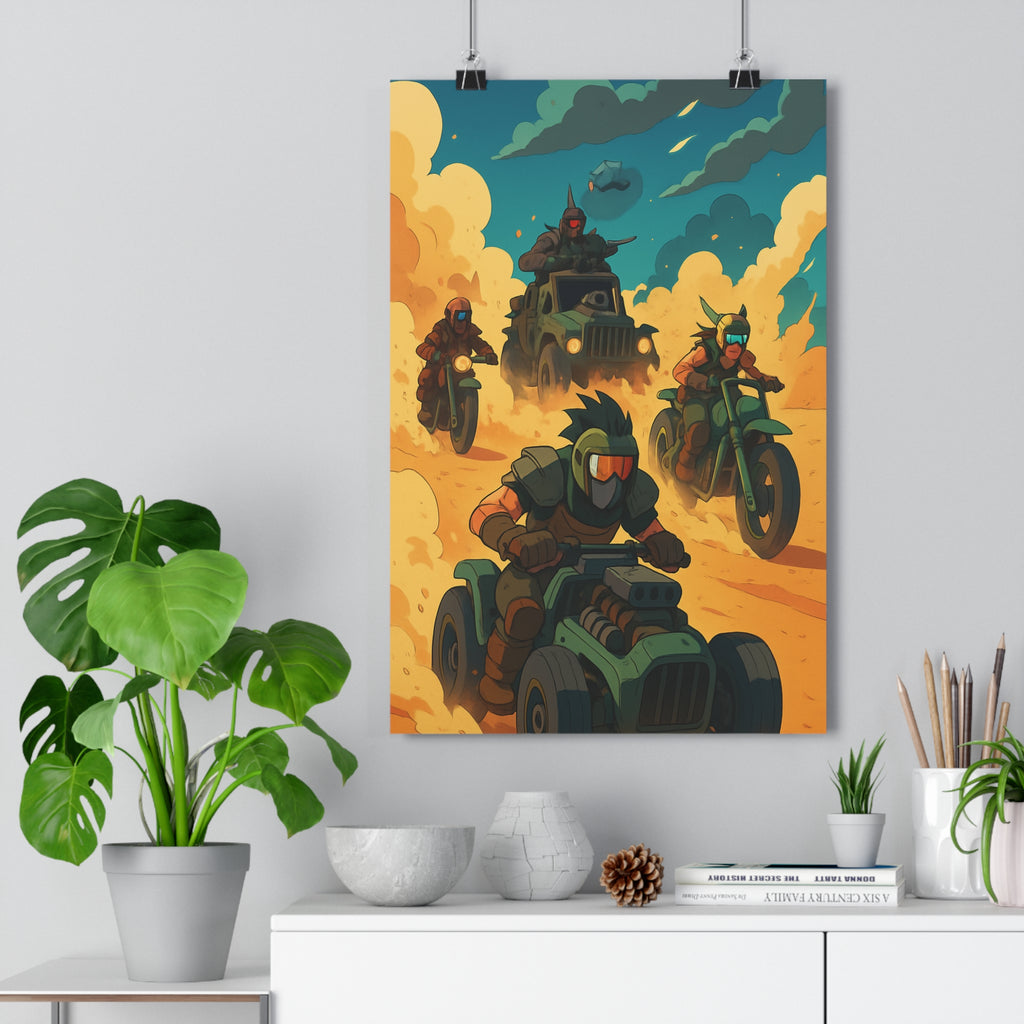 Poster décoratif animé action désert véhicule aventure intense vibrant sable bleu salon bureau chambre