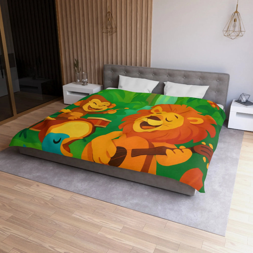 Housse de couette jungle colorée avec lion, singe, et oiseau musiciens joyeux