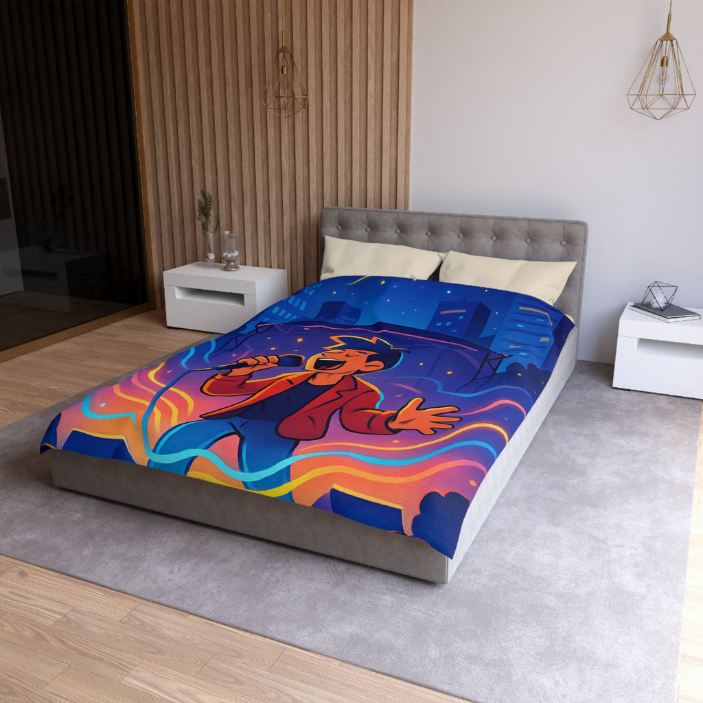 Housse de couette scène vibrante de concert nocturne avec chanteur et couleurs éclatantes