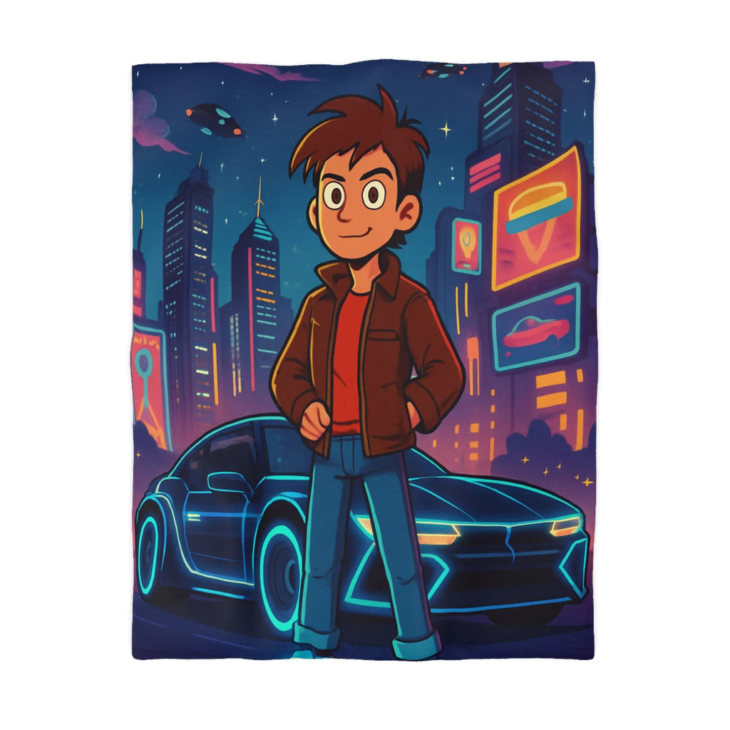 Housse de Couette Future Enfant Ville Nocturne Néons Jeune Garçon et Voiture