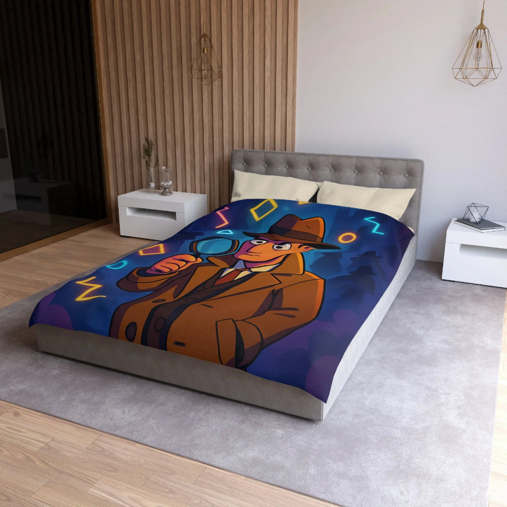 Housse de couette détective rétro avec formes géométriques colorées et ambiance nocturne mystérieuse