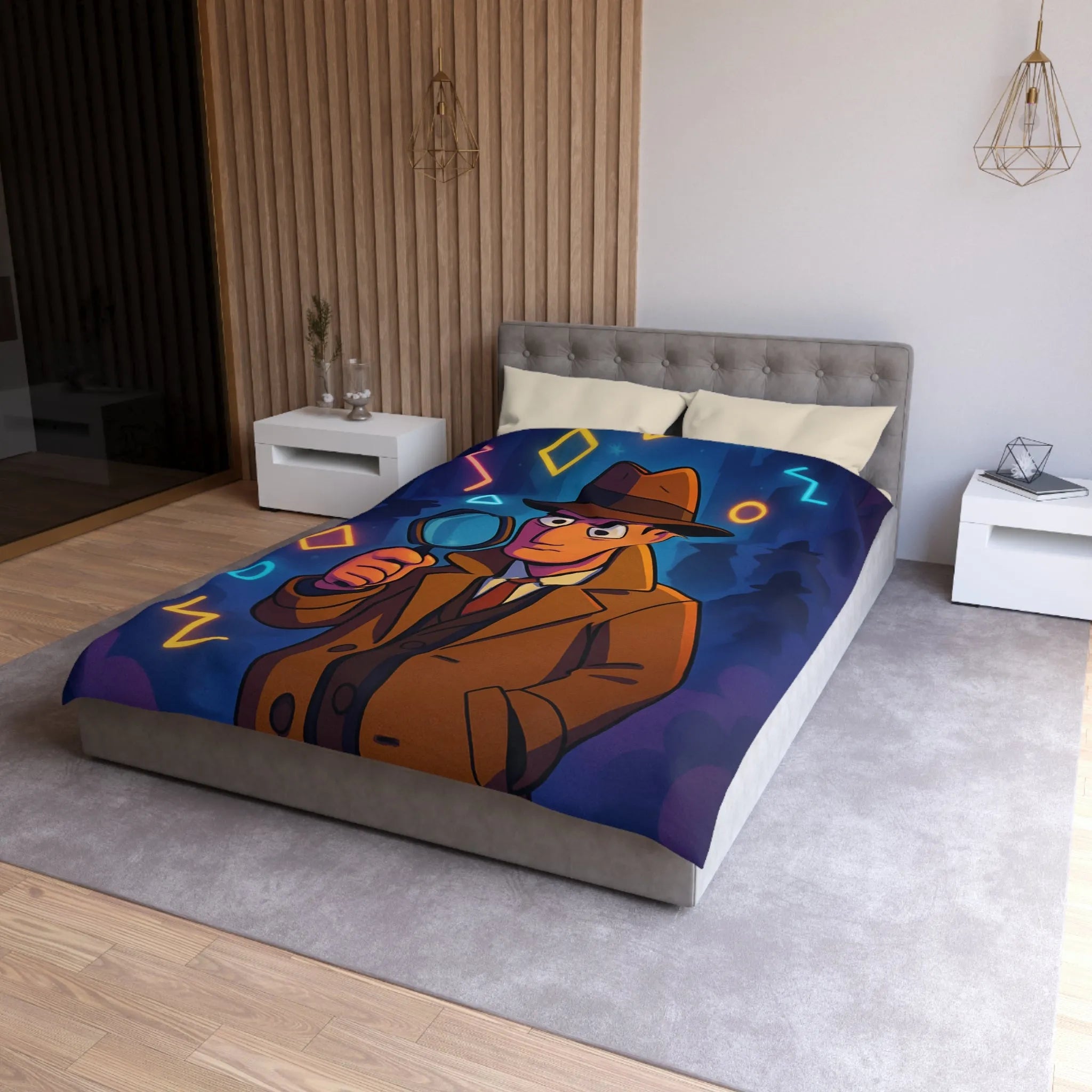 Housse de couette détective rétro avec formes géométriques colorées et ambiance nocturne mystérieuse