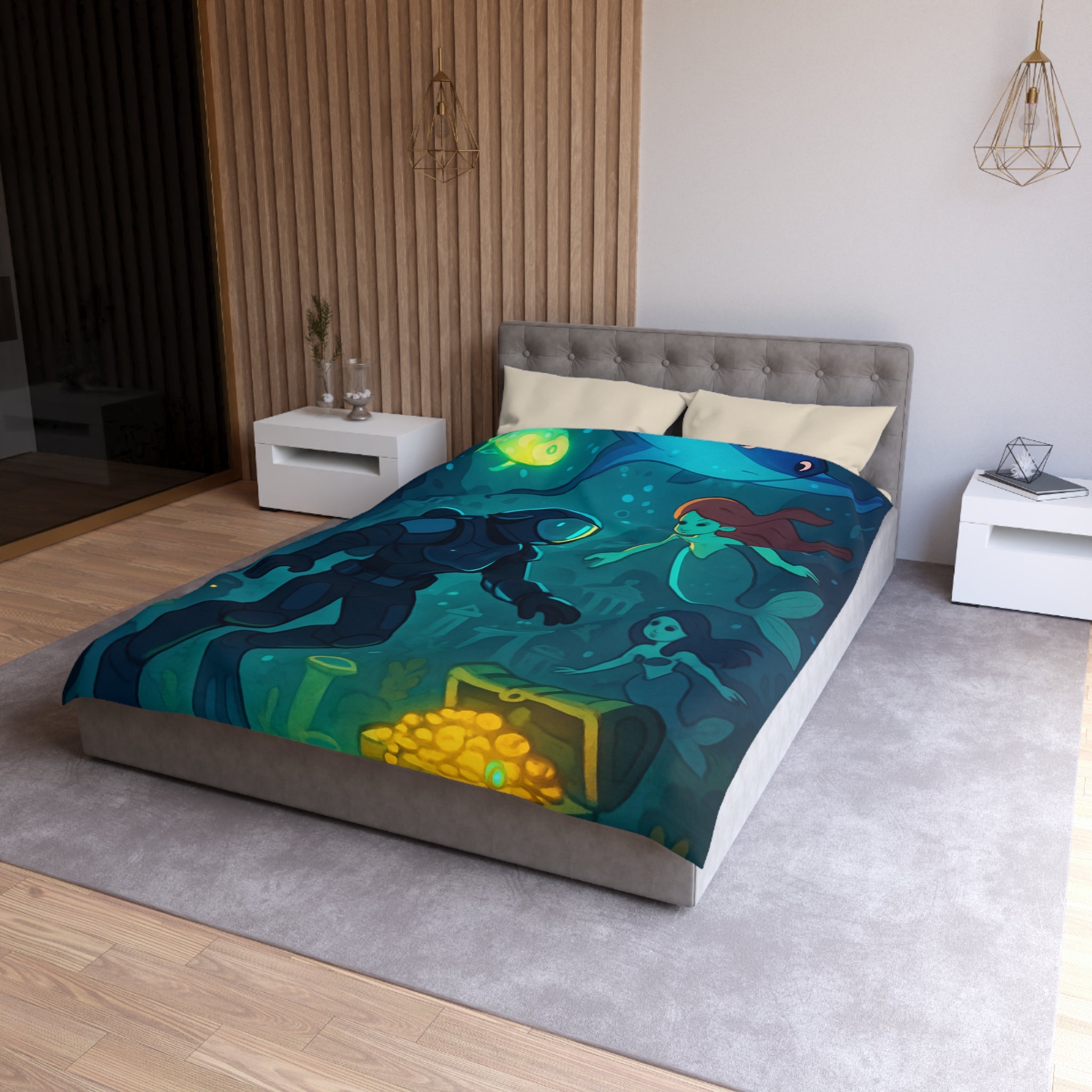 Housse de couette sirène océan magique avec plongeur et trésor lumineux