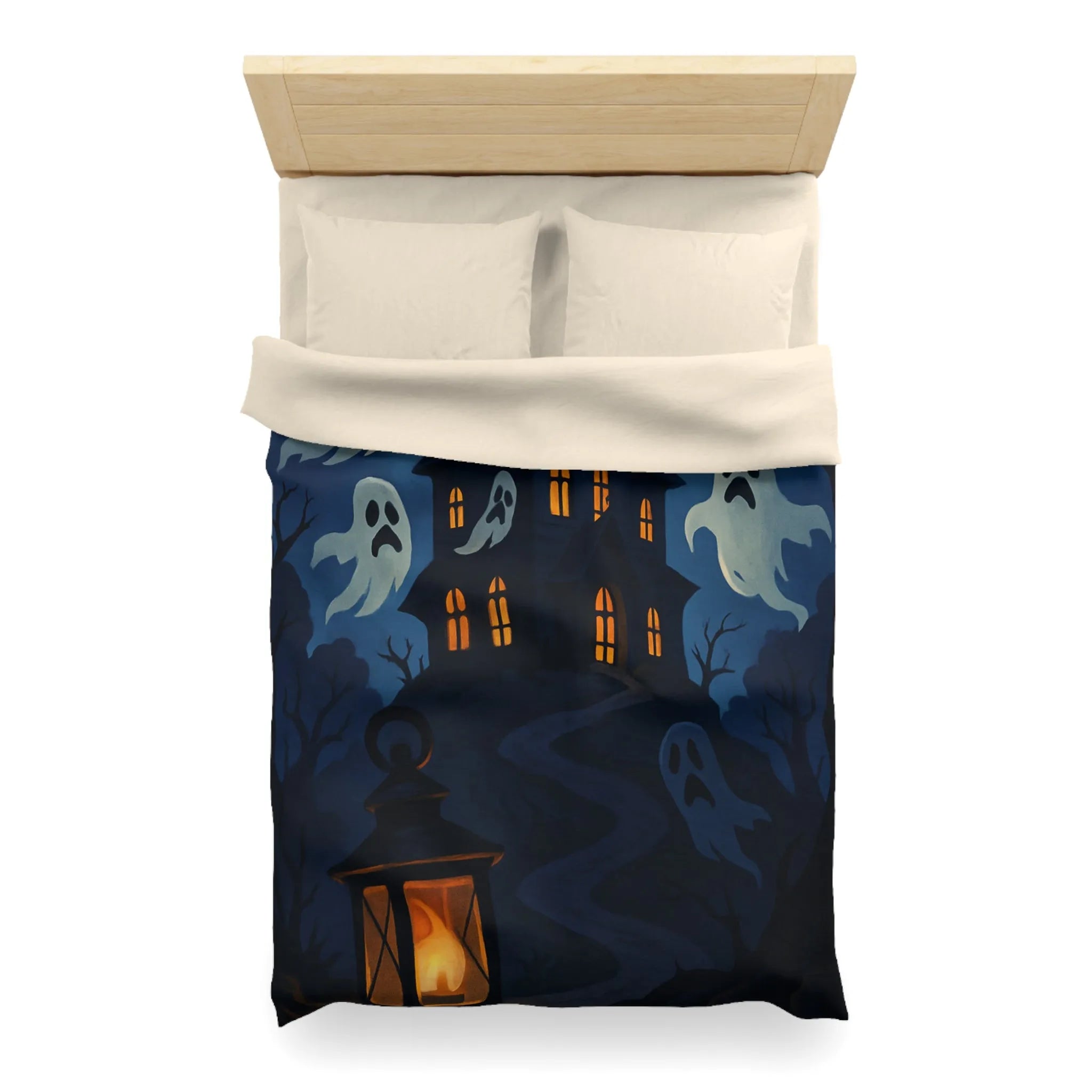 Housse de couette avec château hanté, fantômes, ciel orageux et lanterne mystérieuse