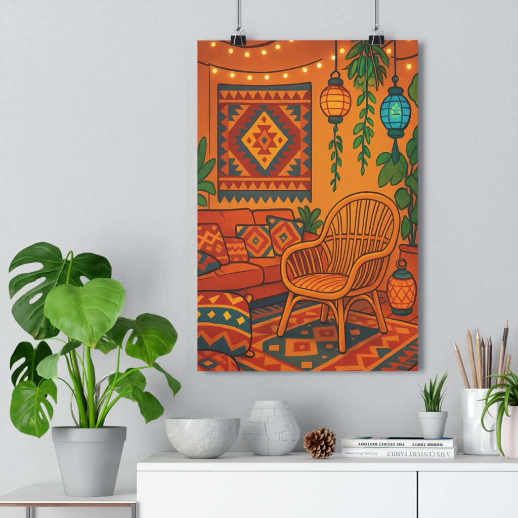 Poster décoratif bohème chaleureux salon moderne vert rotin plantes coloré éclairage intérieur tendance ambiance