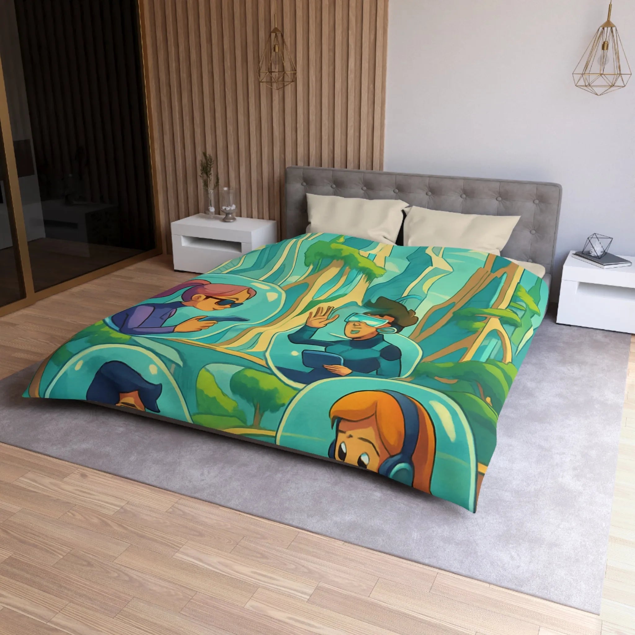 Housse de couette futuriste avec paysage urbain et personnages connectés en réalité augmentée