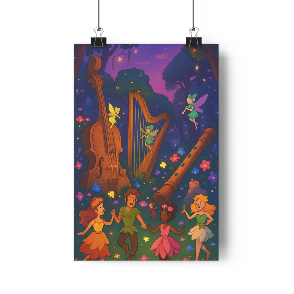 Poster décoratif féerique dessin animé forêt magique fées instruments musique couleurs vives joyeux chambre