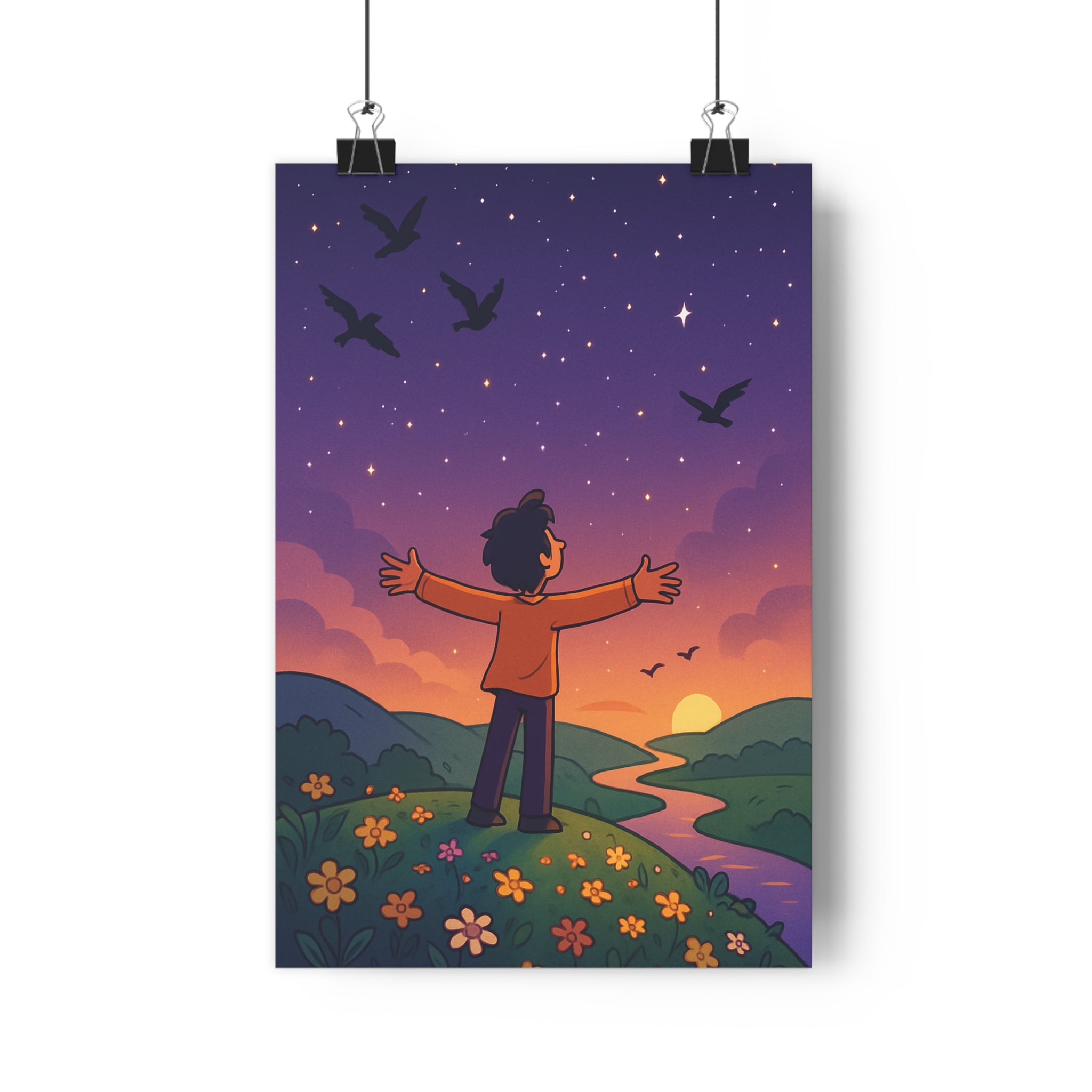 Poster décoratif anime poétique ciel étoilé oiseau coucher soleil rêveur chambre détente ambiance qualité