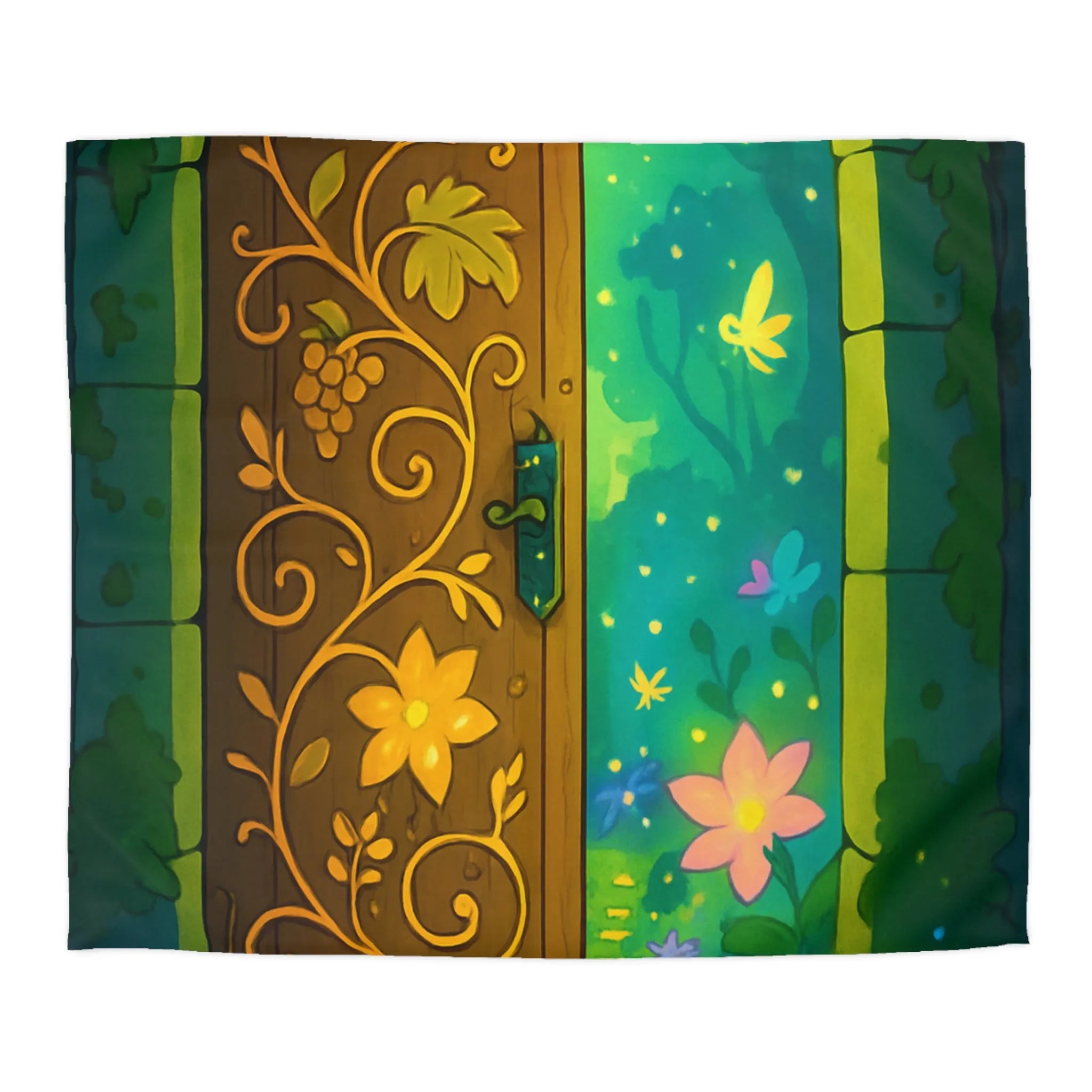 Housse de couette magique avec motif de porte mystique illuminée et papillons colorés