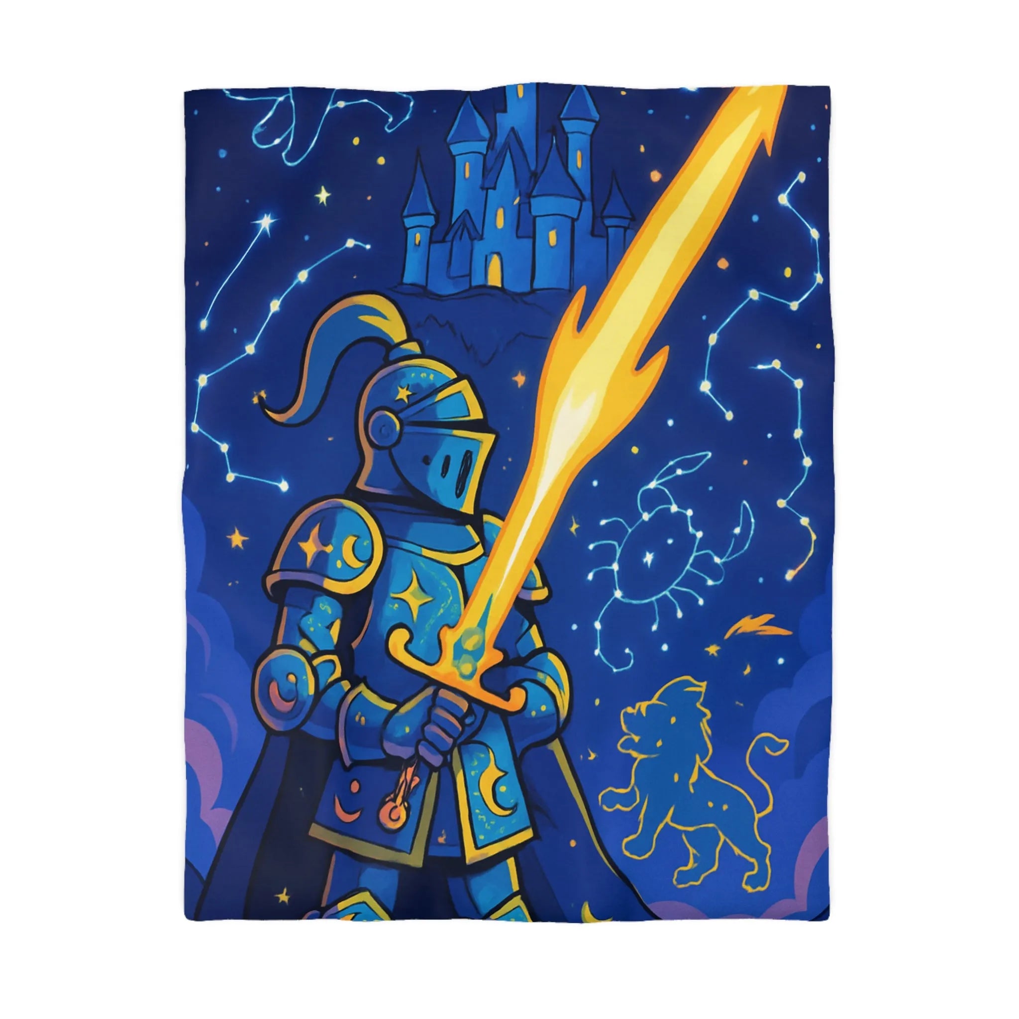 Housse de couette ludique pour chambre enfant avec chevalier et constellations étoilées magiques