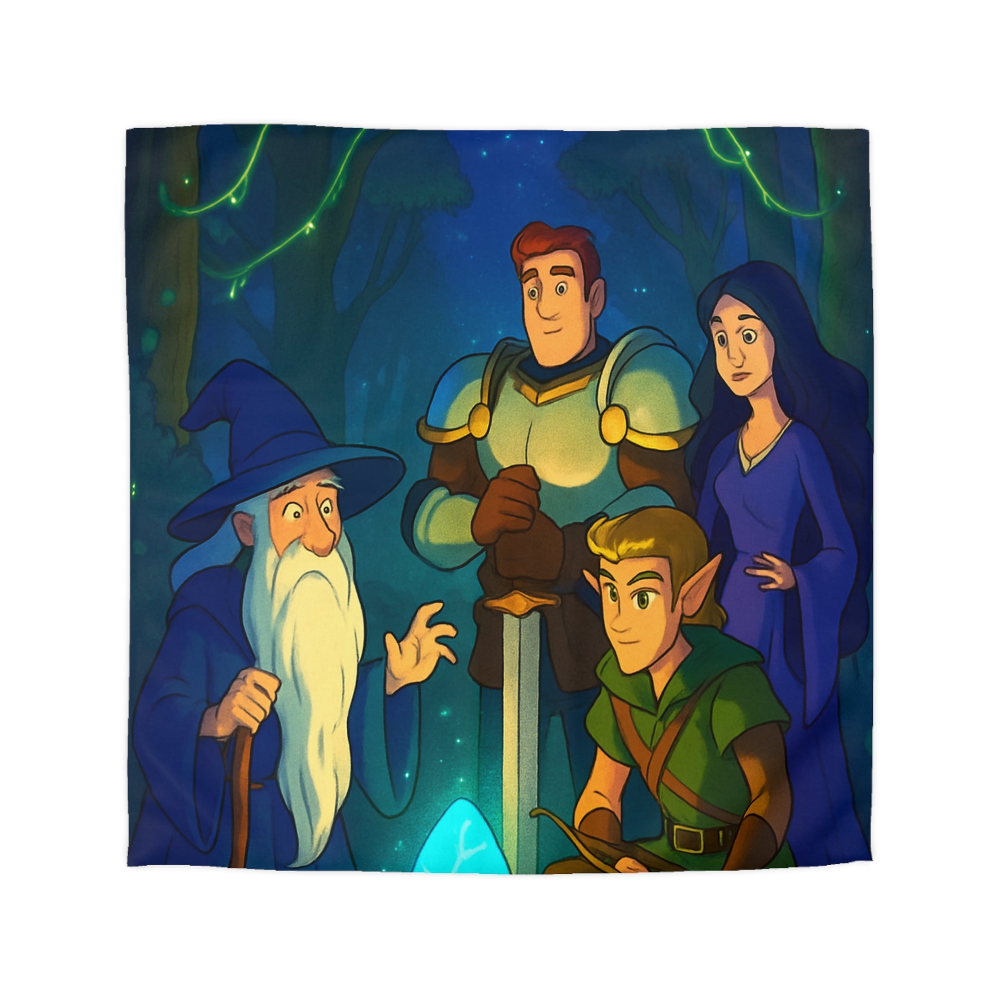 Personnages de Fantasy Réunis Autour d'un Cristal Lumineux dans la Forêt Enchantée