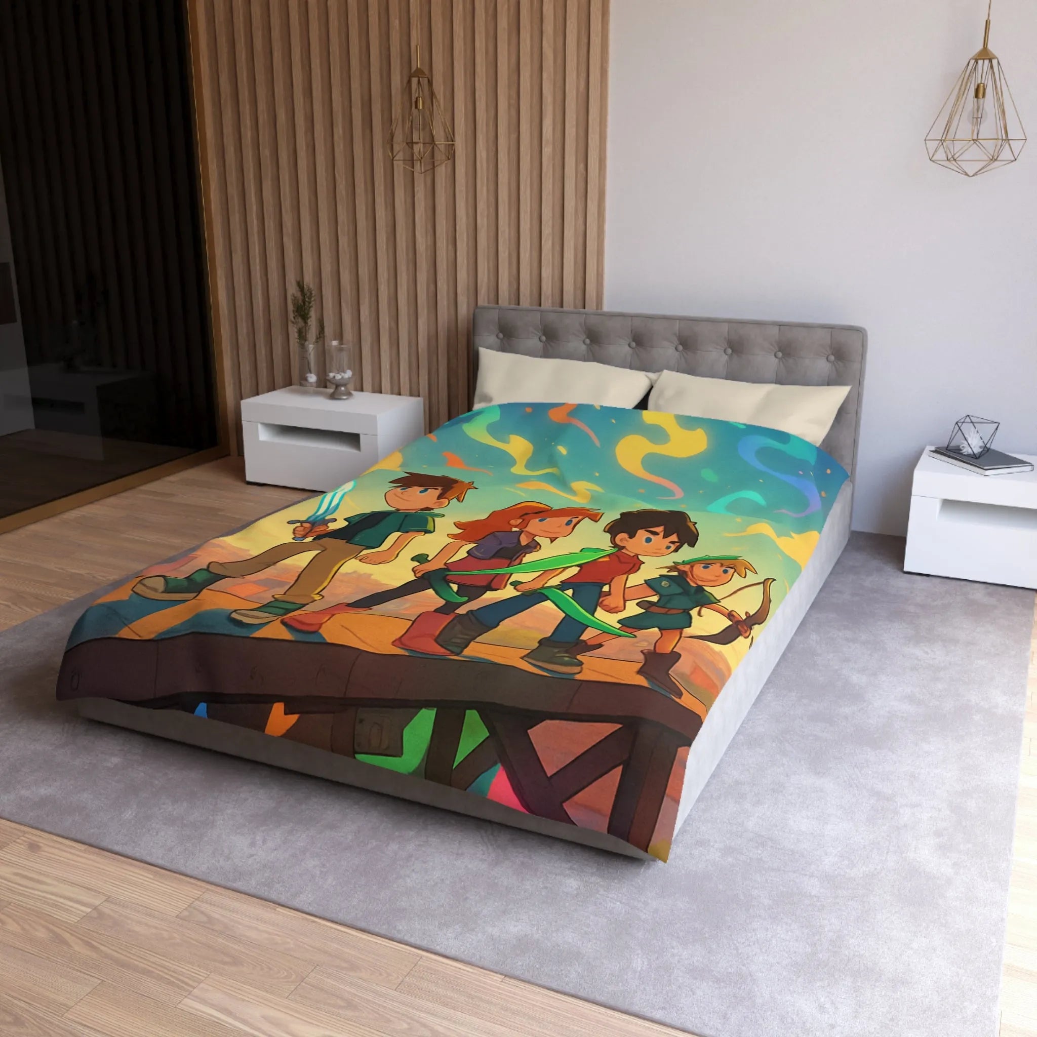 Housse de couette colorée avec quatre héros et ciel étoilé multicolore