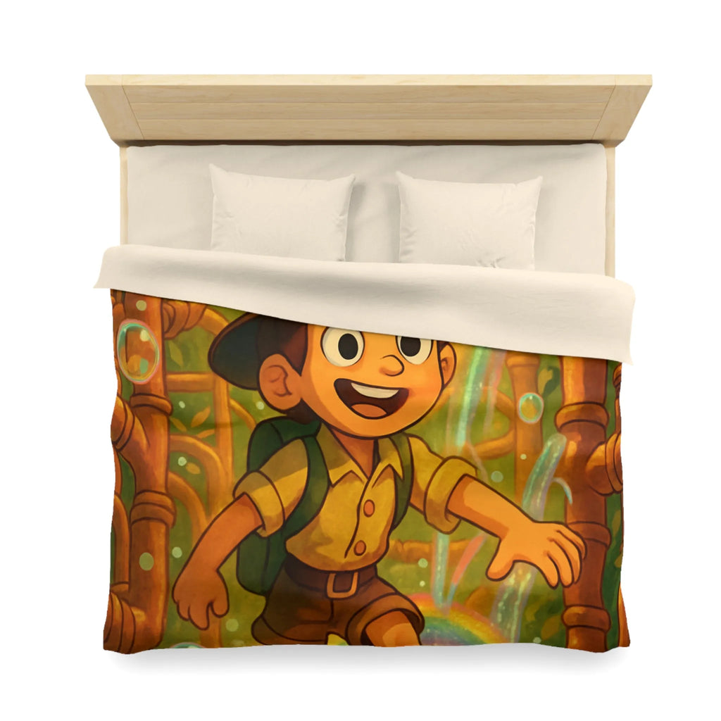 Housse de couette enfantine : garçon explorateur, tuyaux dorés, arcs-en-ciel et bulles joyeuses