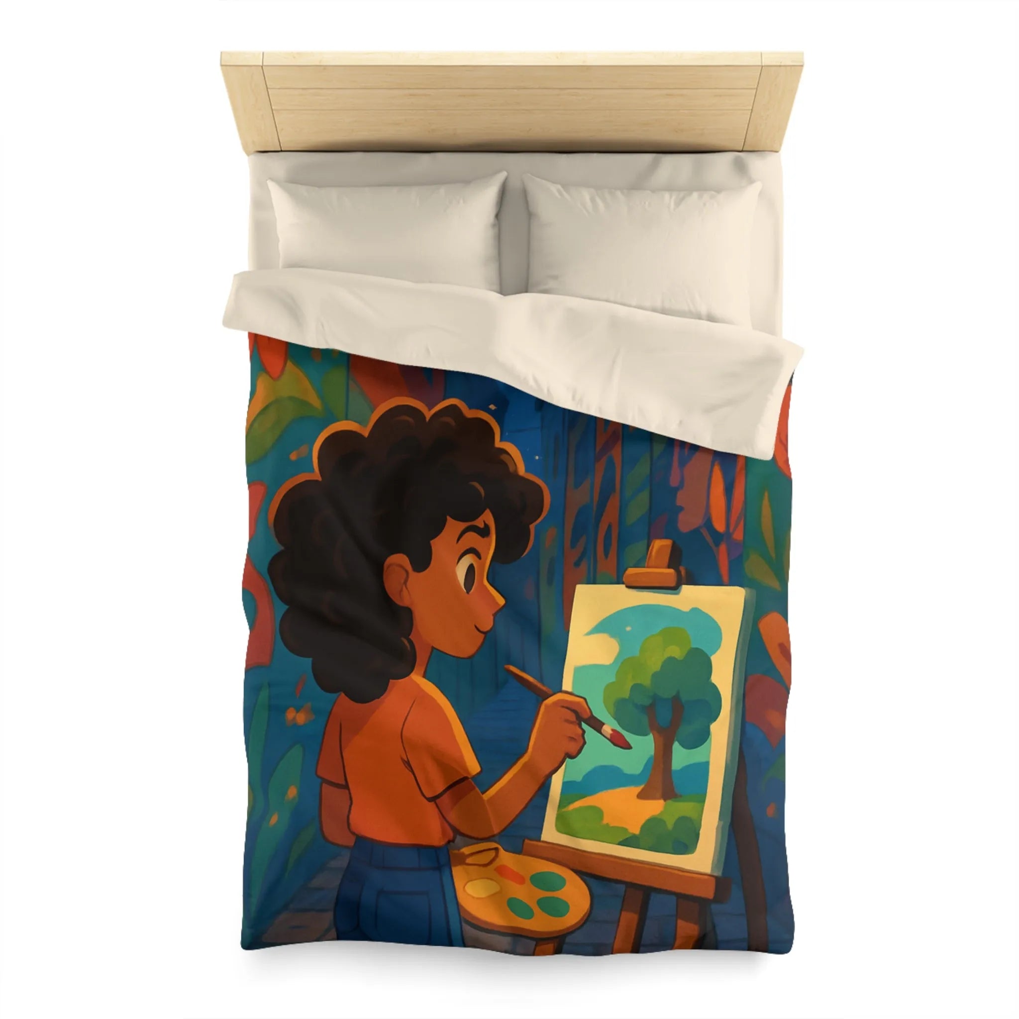 Housse de couette colorée illustrant une ruelle artistique avec peinture et lanterne