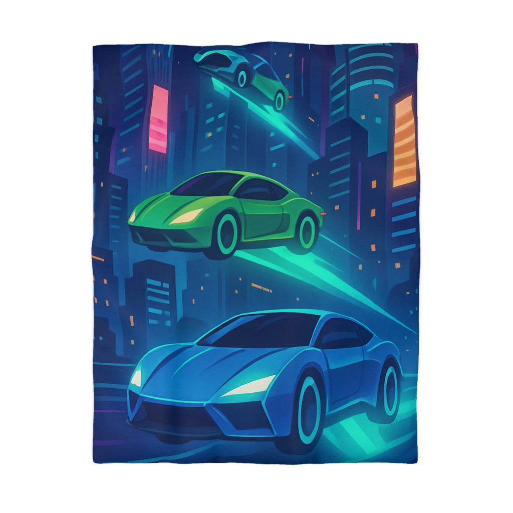 Découvrez des voitures futuristes illuminées flottant dans un ciel urbain nocturne vibrant