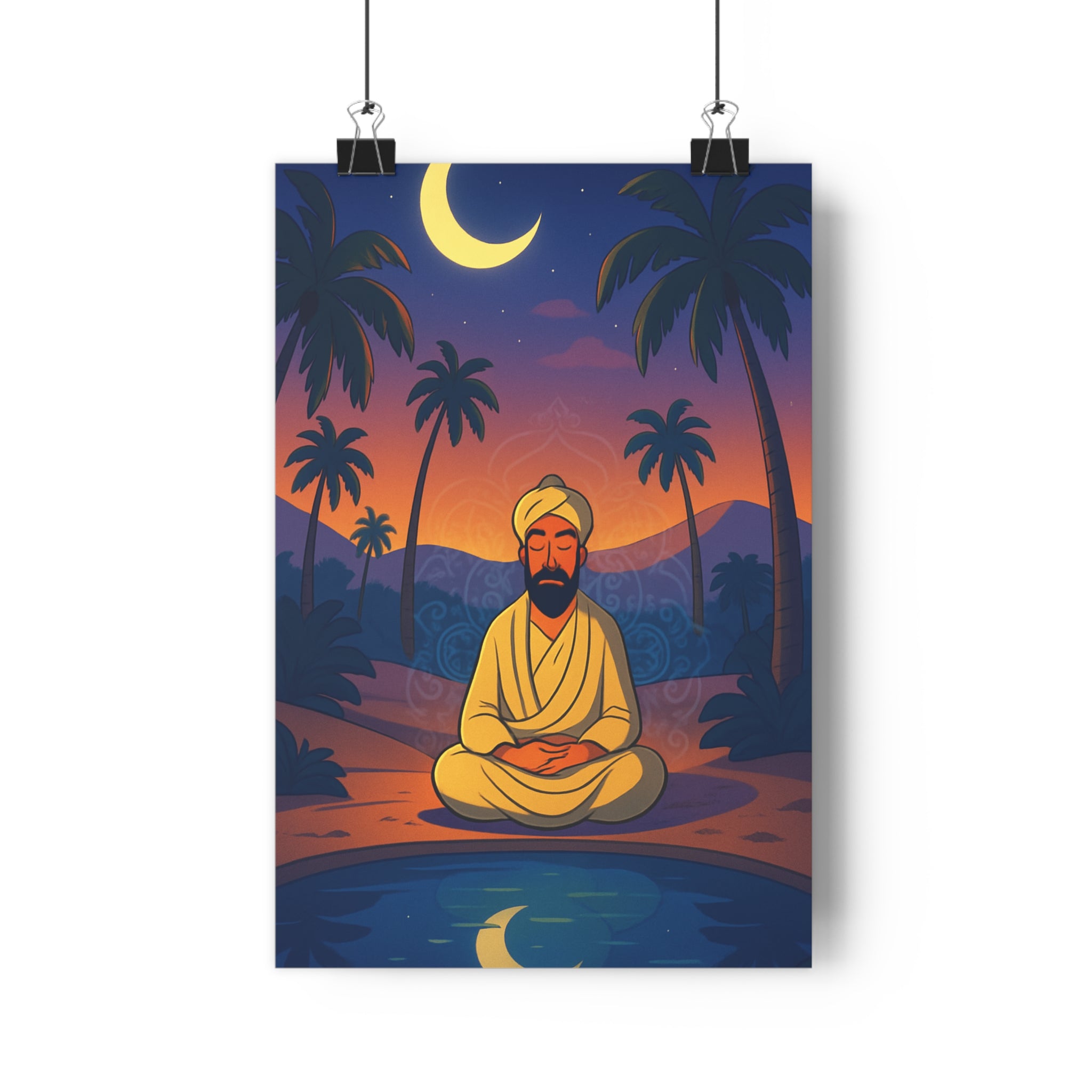 Poster décoratif méditation serein ciel étoilé illustration cartoon palmier tranquille chambre apaisant réflexion mur