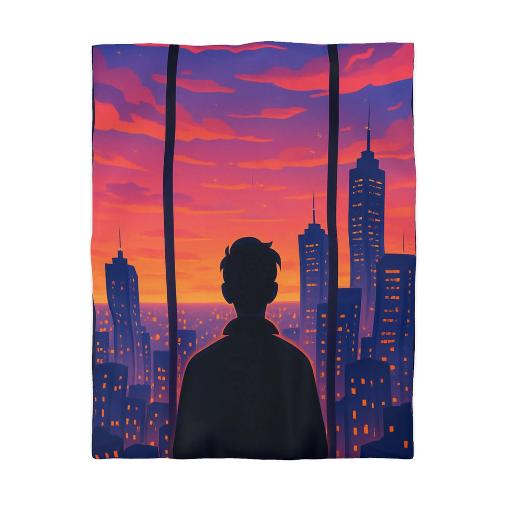 Housse de Couette Colorée avec Silhouette de Personne Devant Ville au Crépuscule