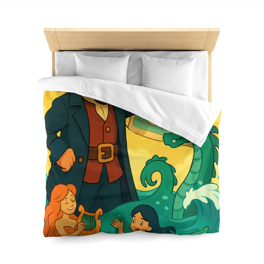 Housse de couette illustrée pirate avec carte, sirènes et monstre marin ludique