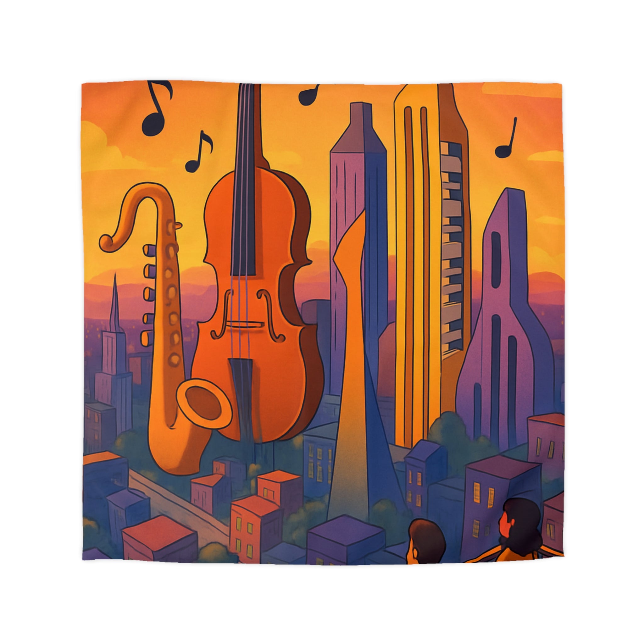 Housse de couette urbaine avec des instruments géants flottant au coucher de soleil vibrant