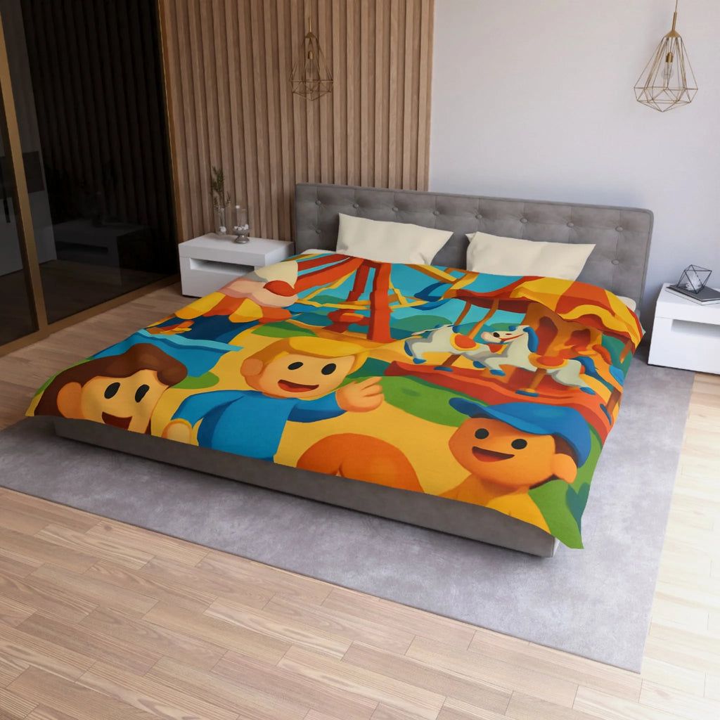 Housse de couette joyeuse avec motifs de fête foraine colorée et enfants souriants