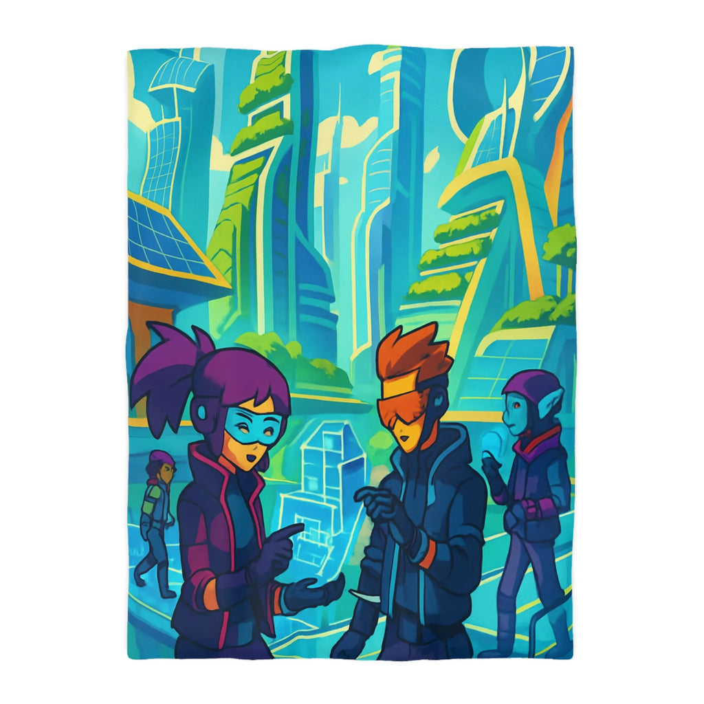 Housse de couette futuriste avec design coloré et thème urbain science-fiction moderne