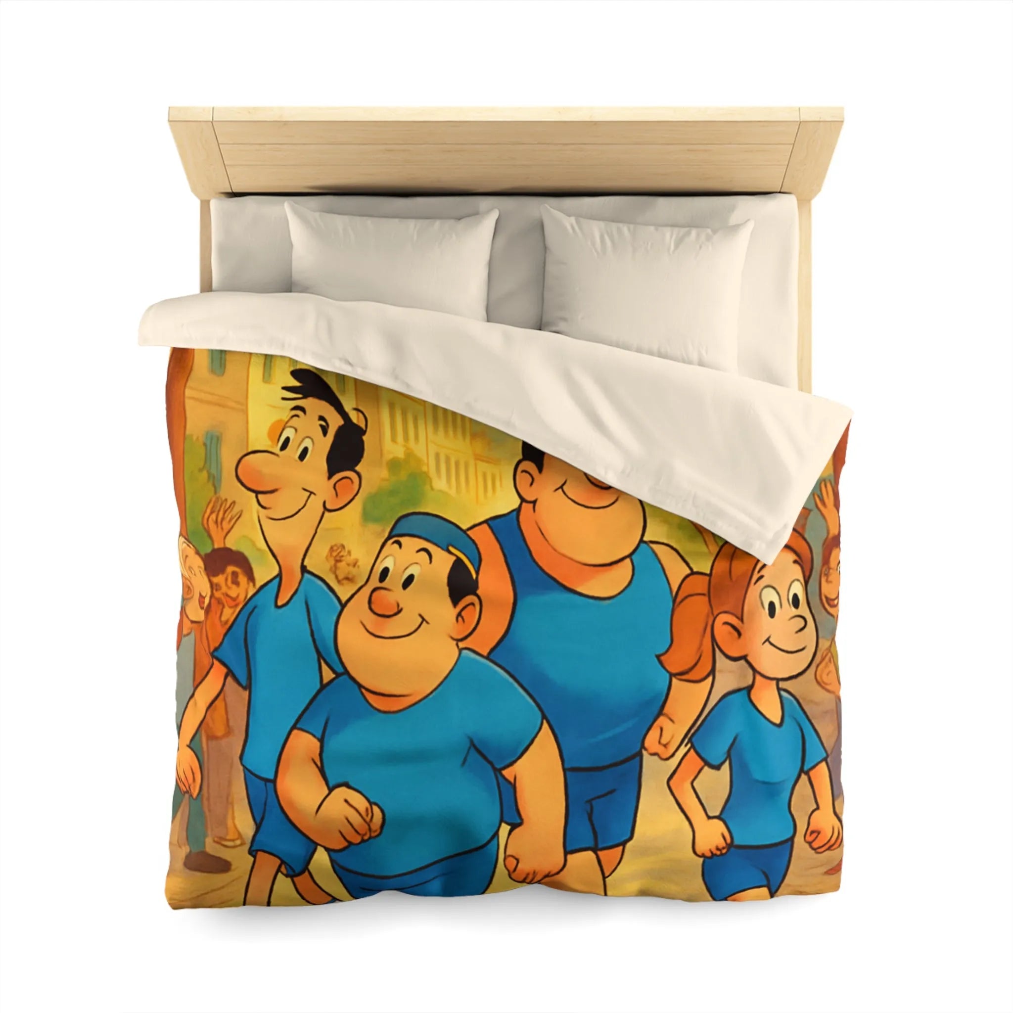Housse de couette colorée avec personnages marchant joyeusement dans une rue animée