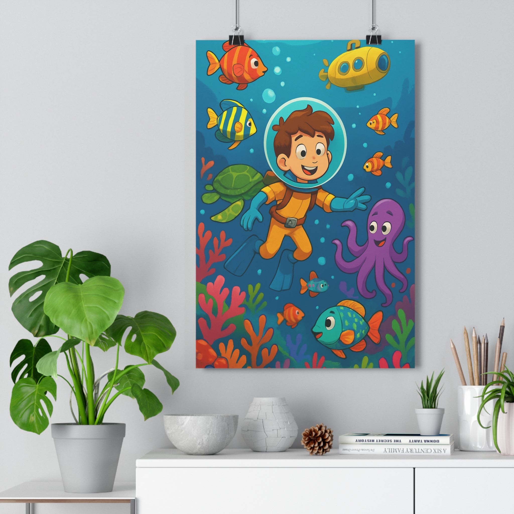 Poster décoratif scène sousmarine plongeur cartoon joyeux enfant chambre coloré ludique 30x46 dynamique qualité