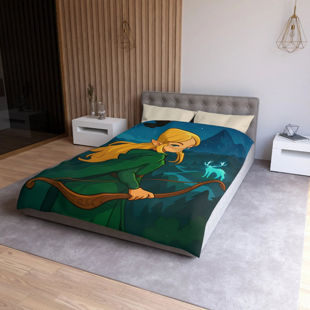 Housse de couette avec elfe archère, cerf lumineux, forêt montagneuse et ciel étoilé