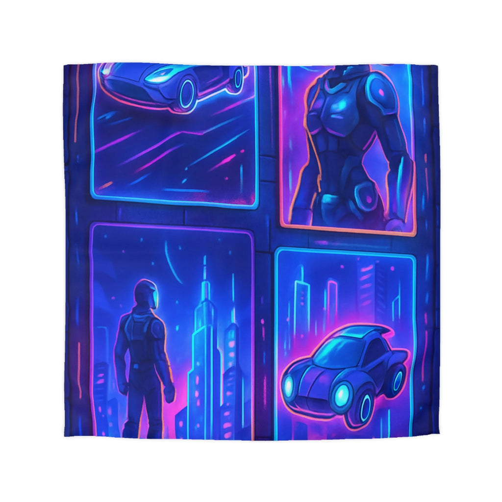 Couverture Futuriste Bleu Néon avec Silhouettes Humaines et Voitures Volantes Modernes