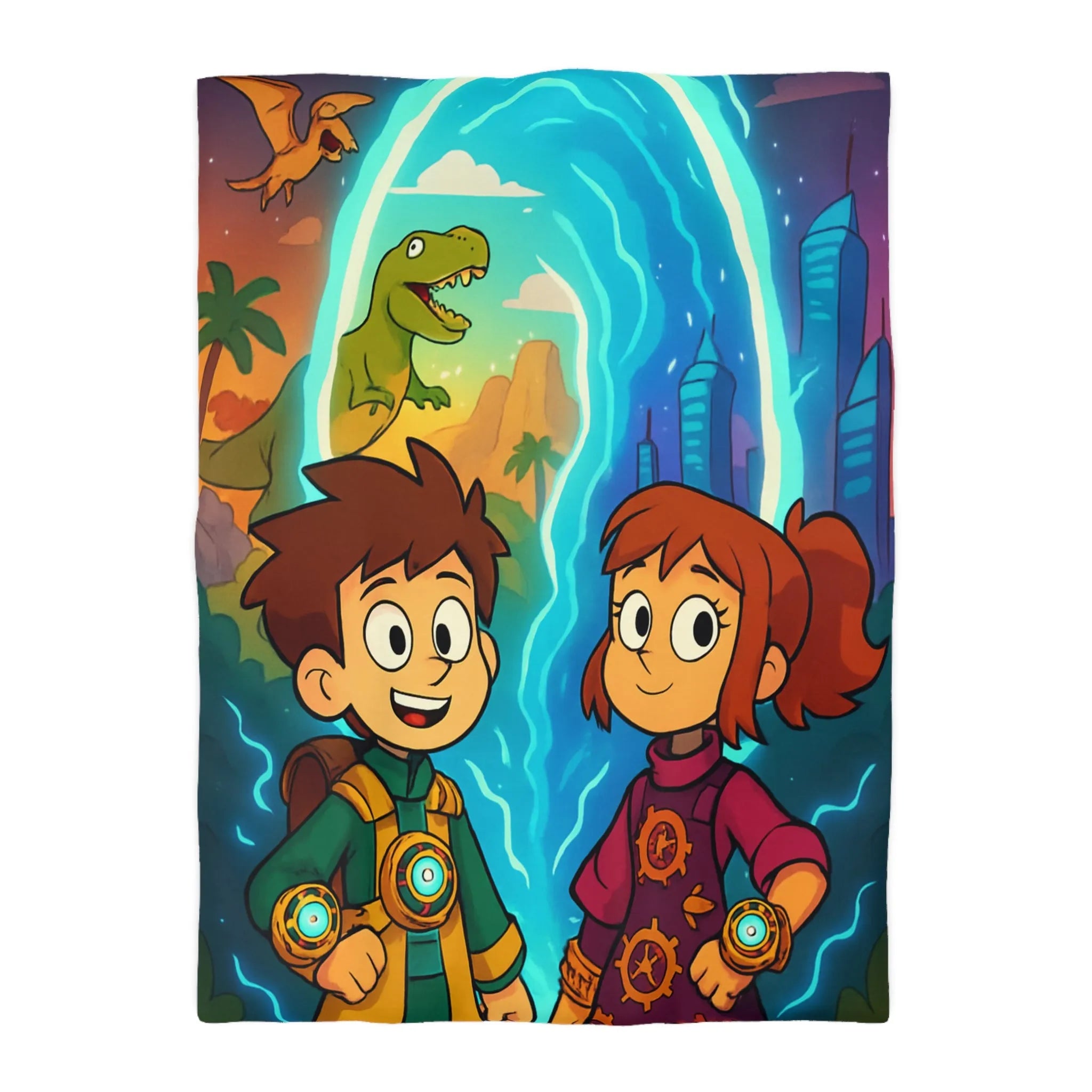 Housse de couette enfants avec illustrations dinosaures et voyage dans le temps passionnant