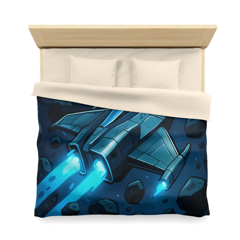 Housse de couette imprimée vaisseau spatial bleu voyageant à travers un champ d'astéroïdes