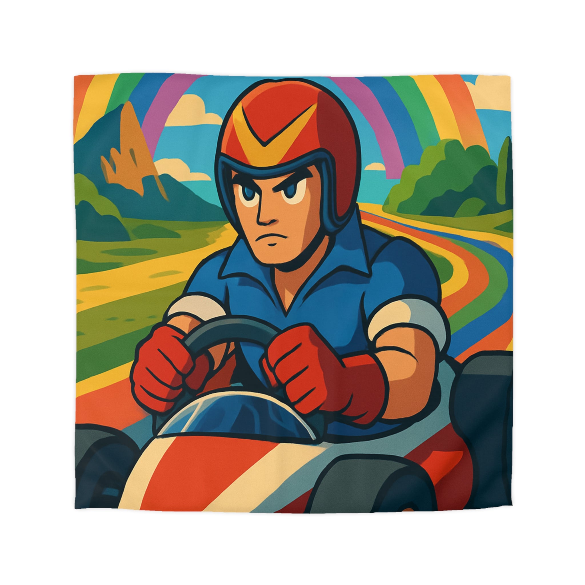 Housse de couette rétro colorée avec pilote de karting sous un arc-en-ciel vibrant