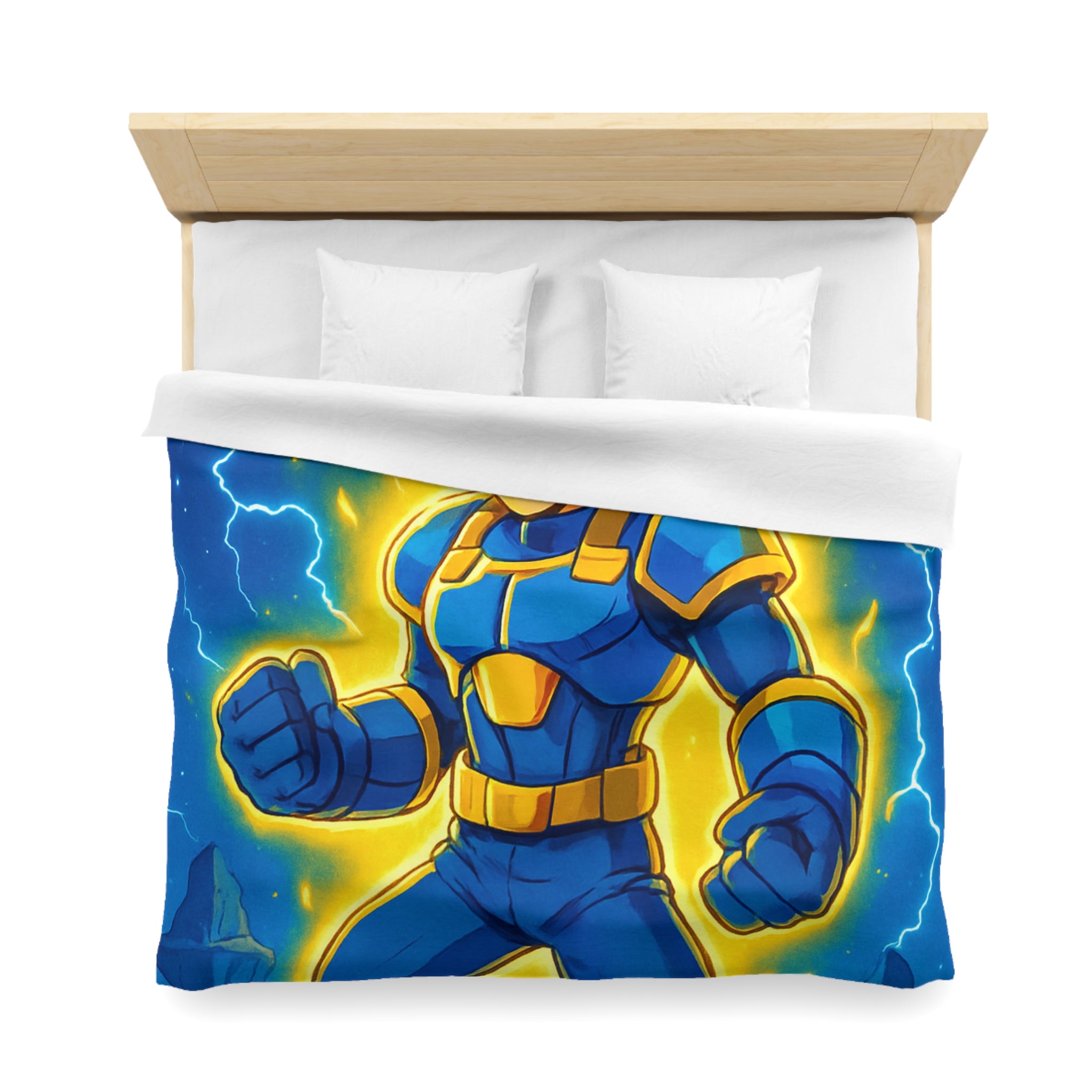 Housse de couette vibrante avec héros en armure bleue et rayons lumineux intenses
