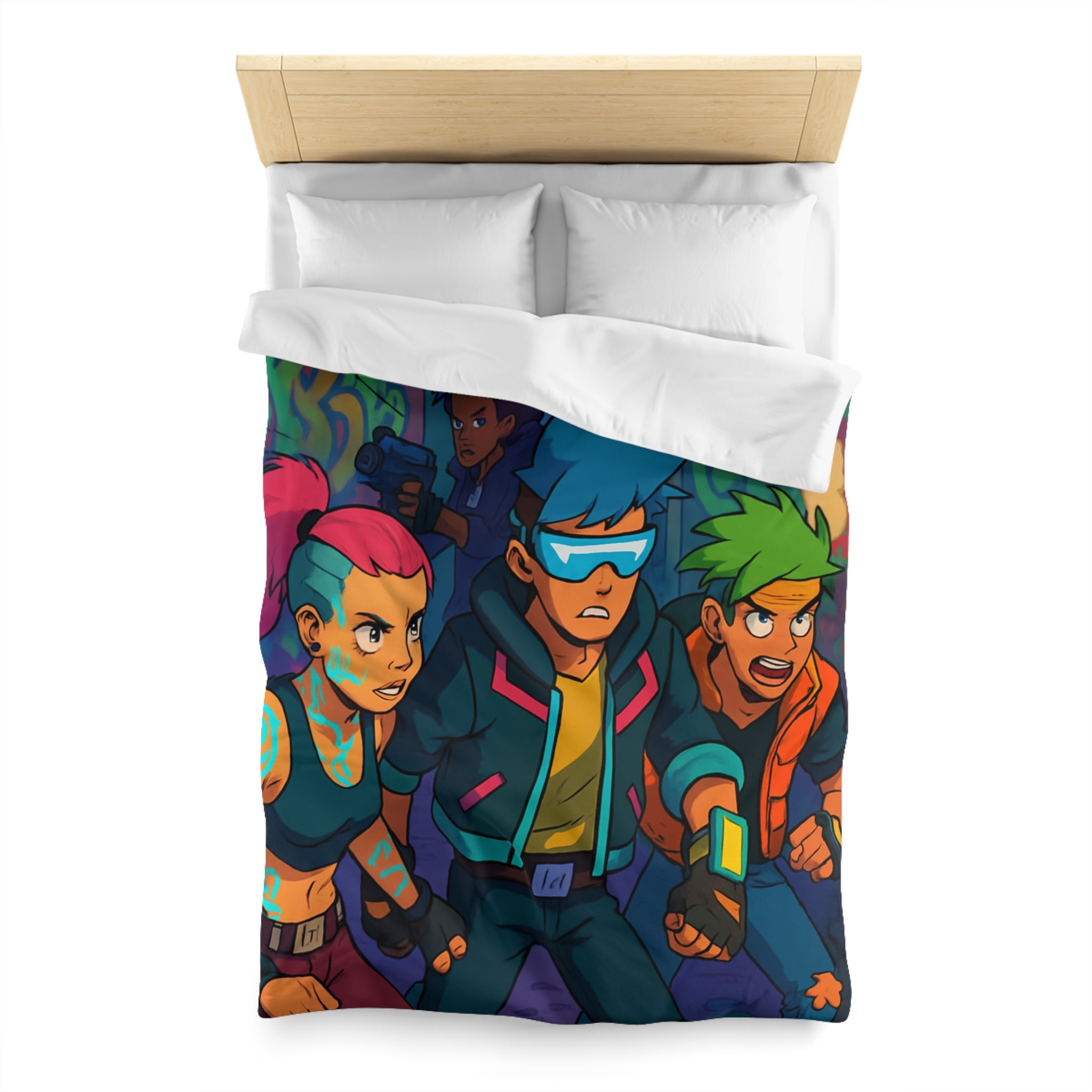 Housse de couette néon rétro avec personnages futuristes dans ruelle urbaine animée