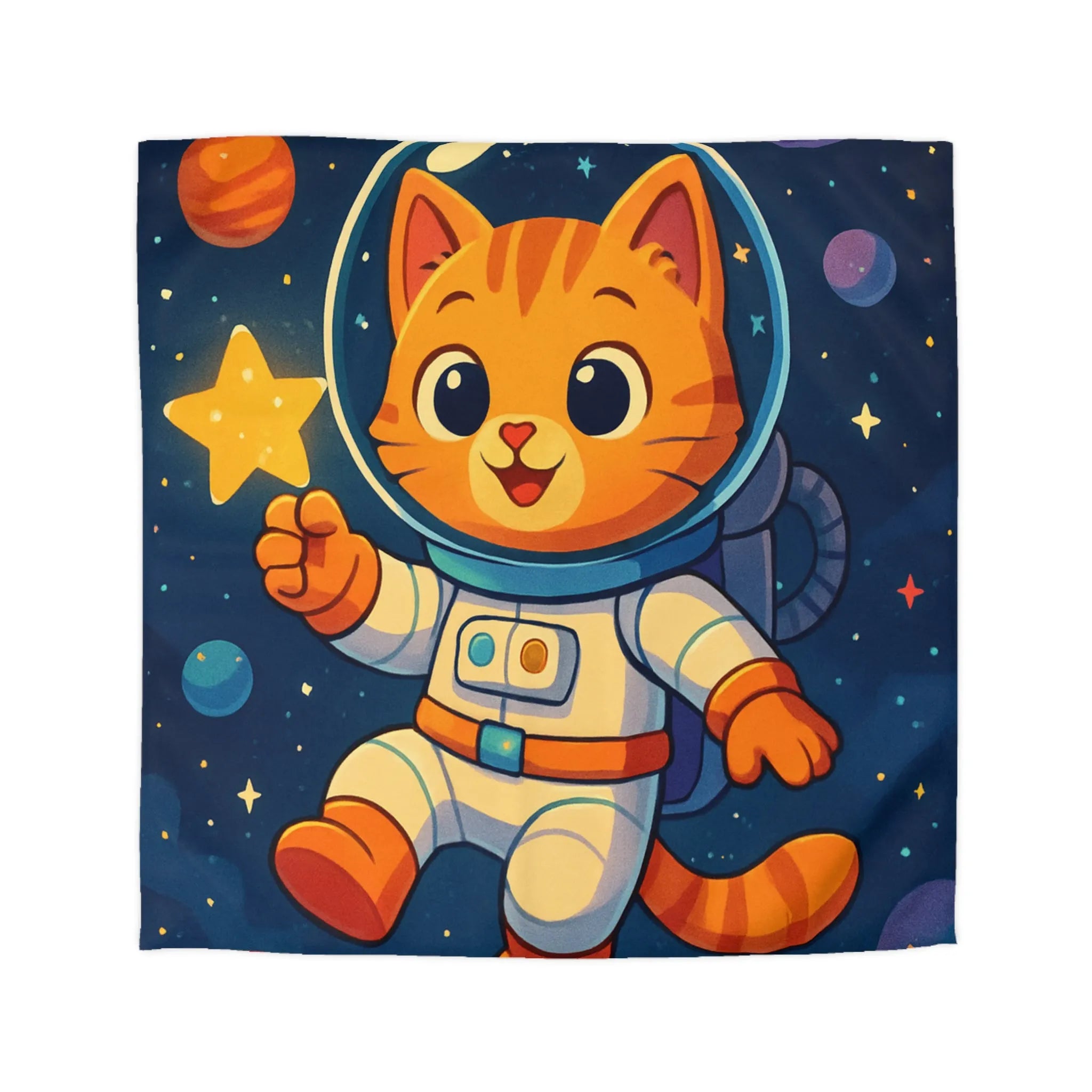 Housse de Couette avec Chat Astronaute et Étoiles dans Espace Coloré pour Enfants