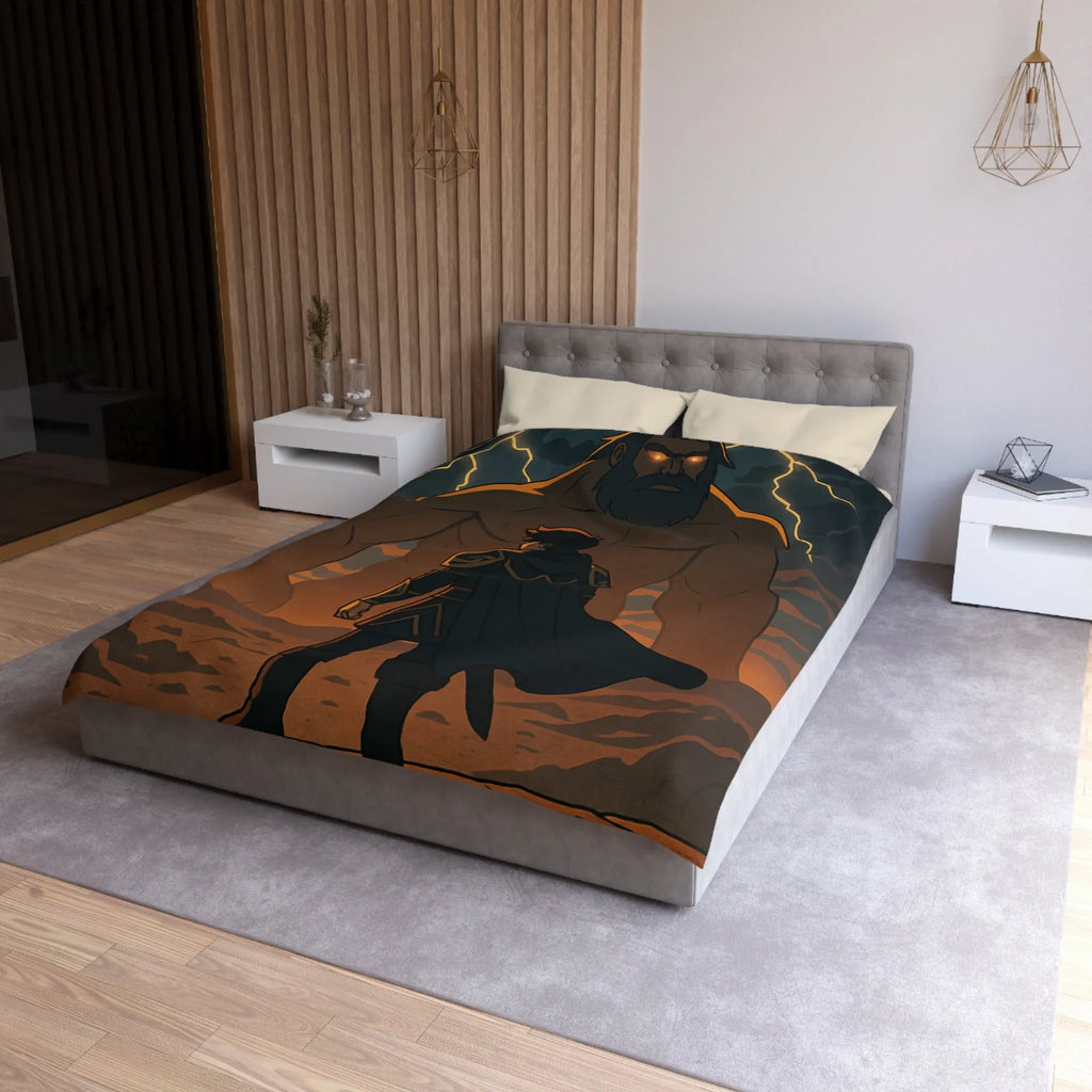 Housse de couette épique avec guerrier et géant sous orage électrique dramatique